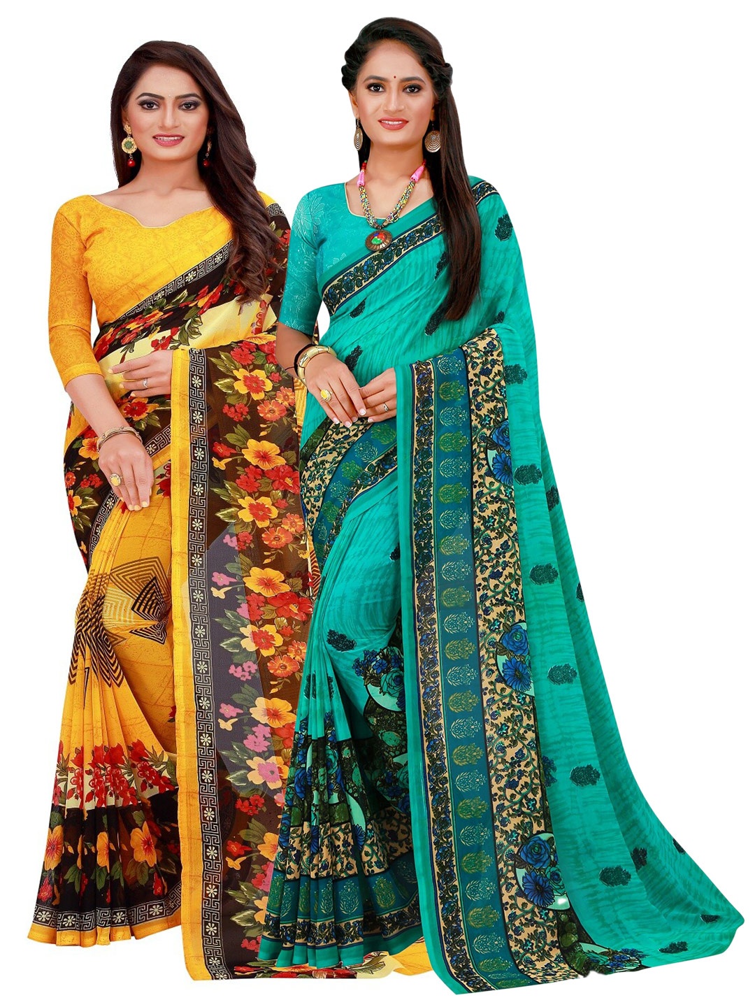 

SAADHVI Yellow & Green Floral Pure Georgette Saree