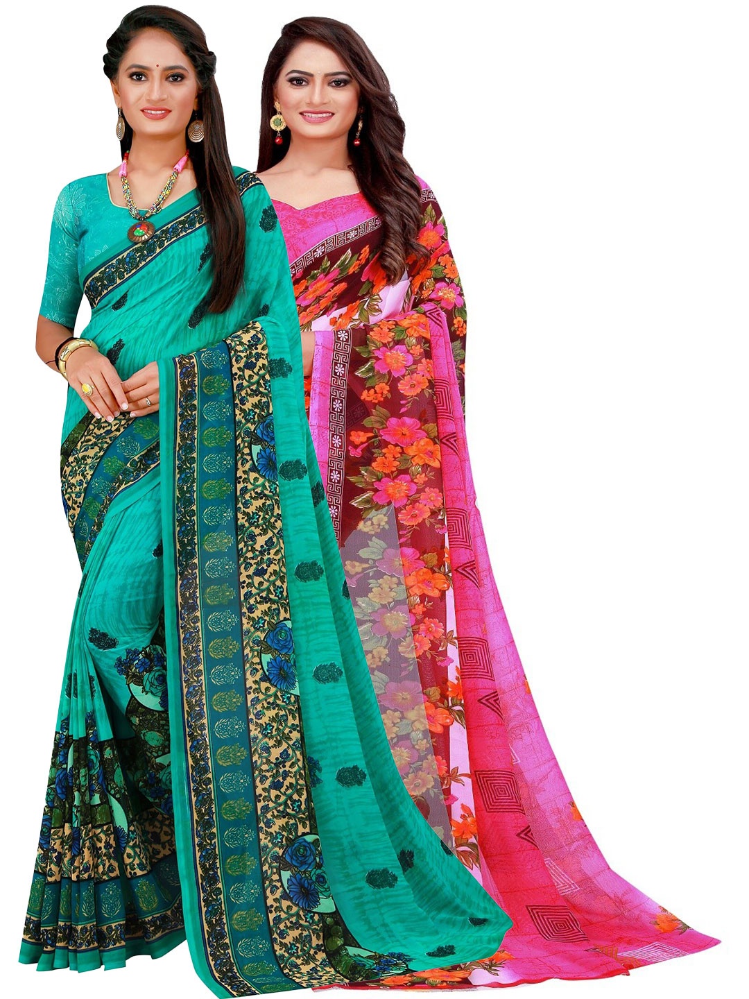 

SAADHVI Turquoise Blue & Pink Floral Pure Georgette Saree