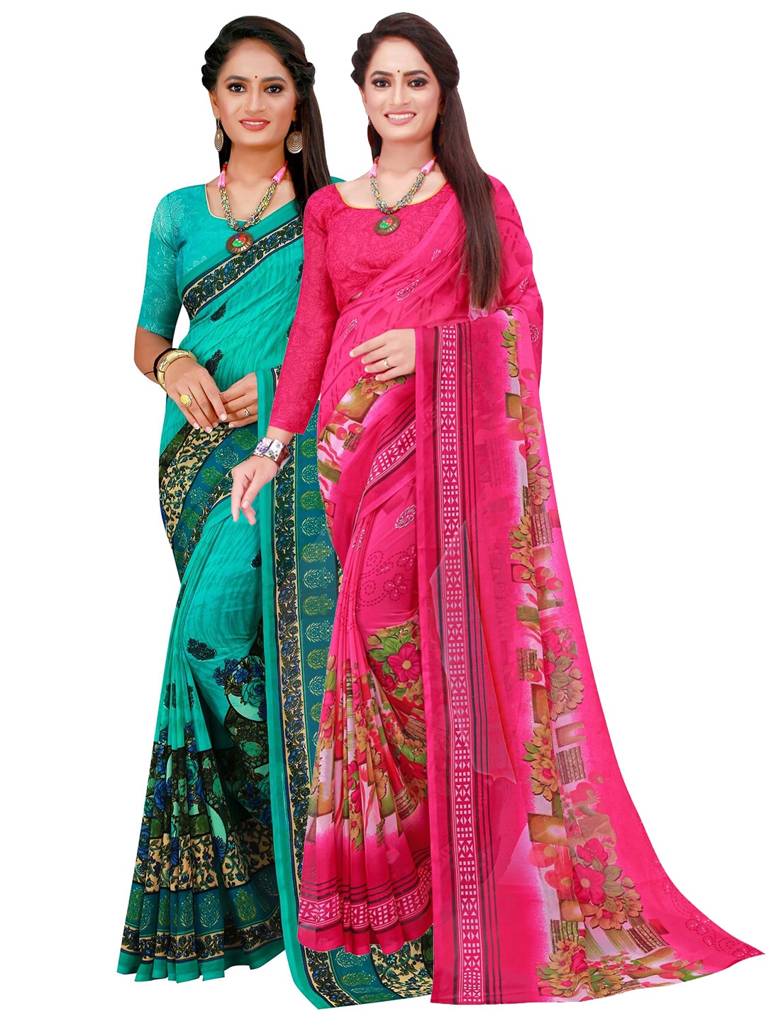 

SAADHVI Turquoise Blue & Pink Pure Georgette Saree