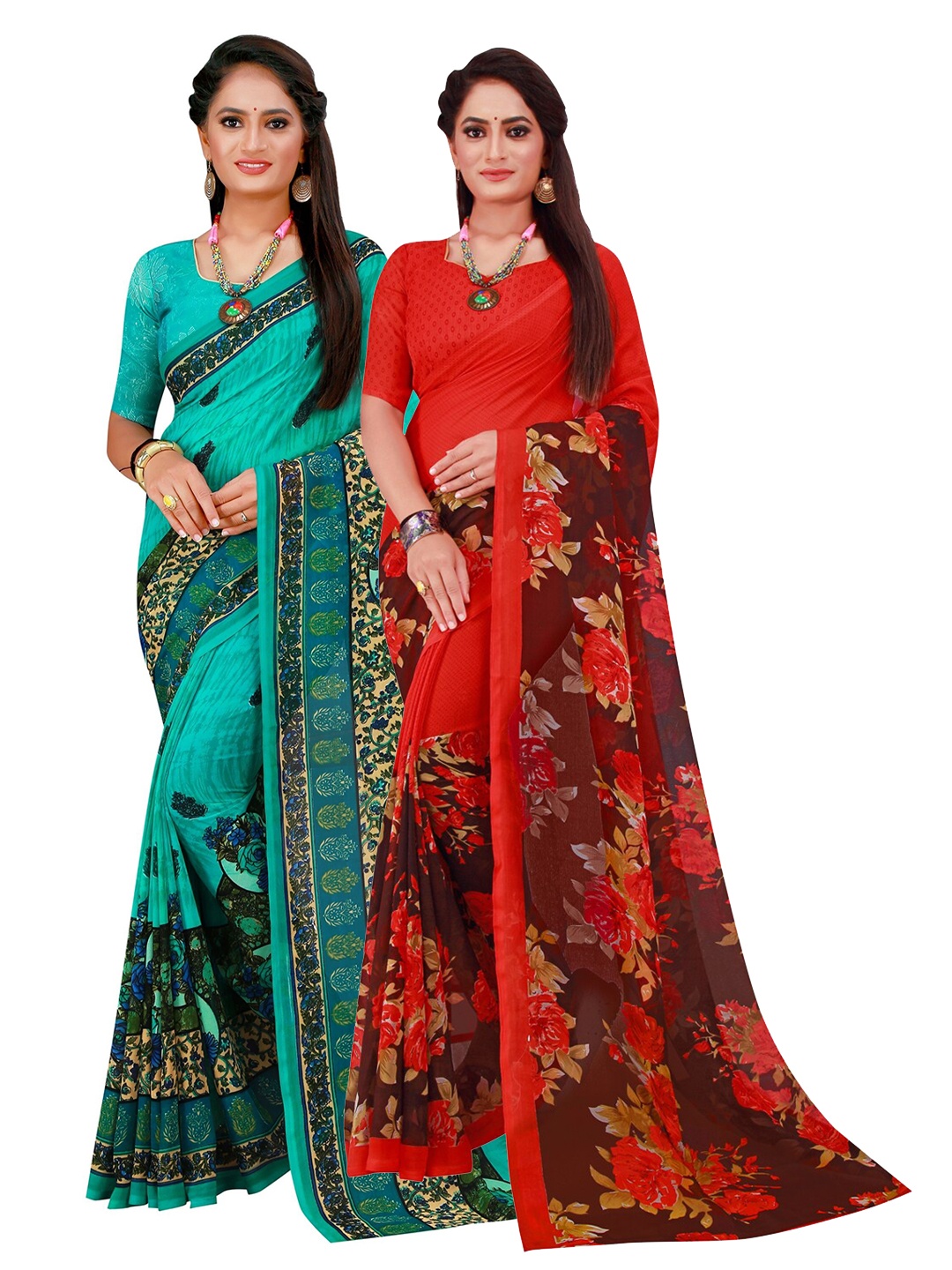 

SAADHVI Turquoise Blue & Red Floral Pure Georgette Saree