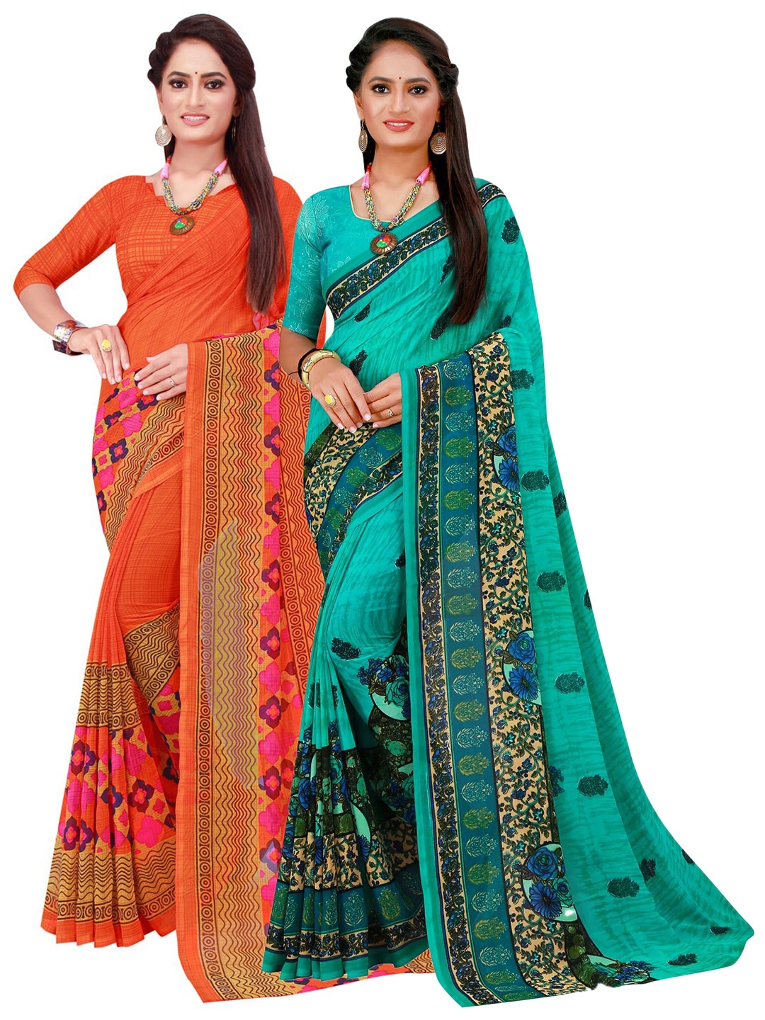 

SAADHVI Orange & Green Floral Pure Georgette Saree