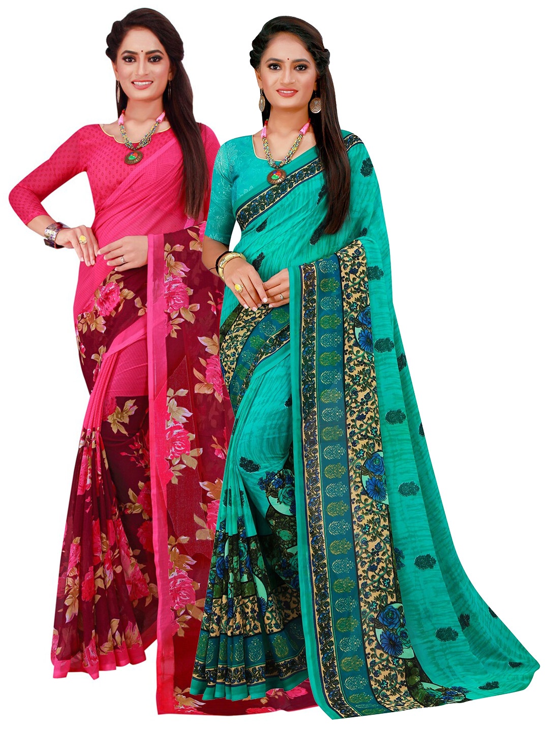 

SAADHVI Turquoise Blue & Pink Pure Georgette Saree