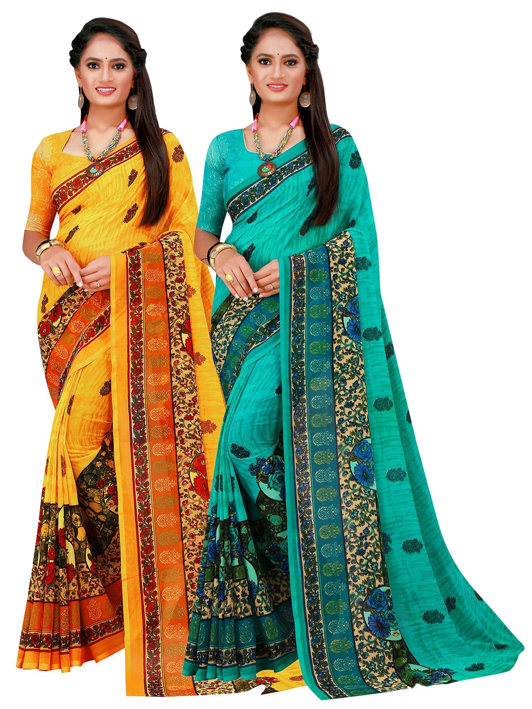 

SAADHVI Turquoise Blue & Yellow Floral Pure Georgette Saree