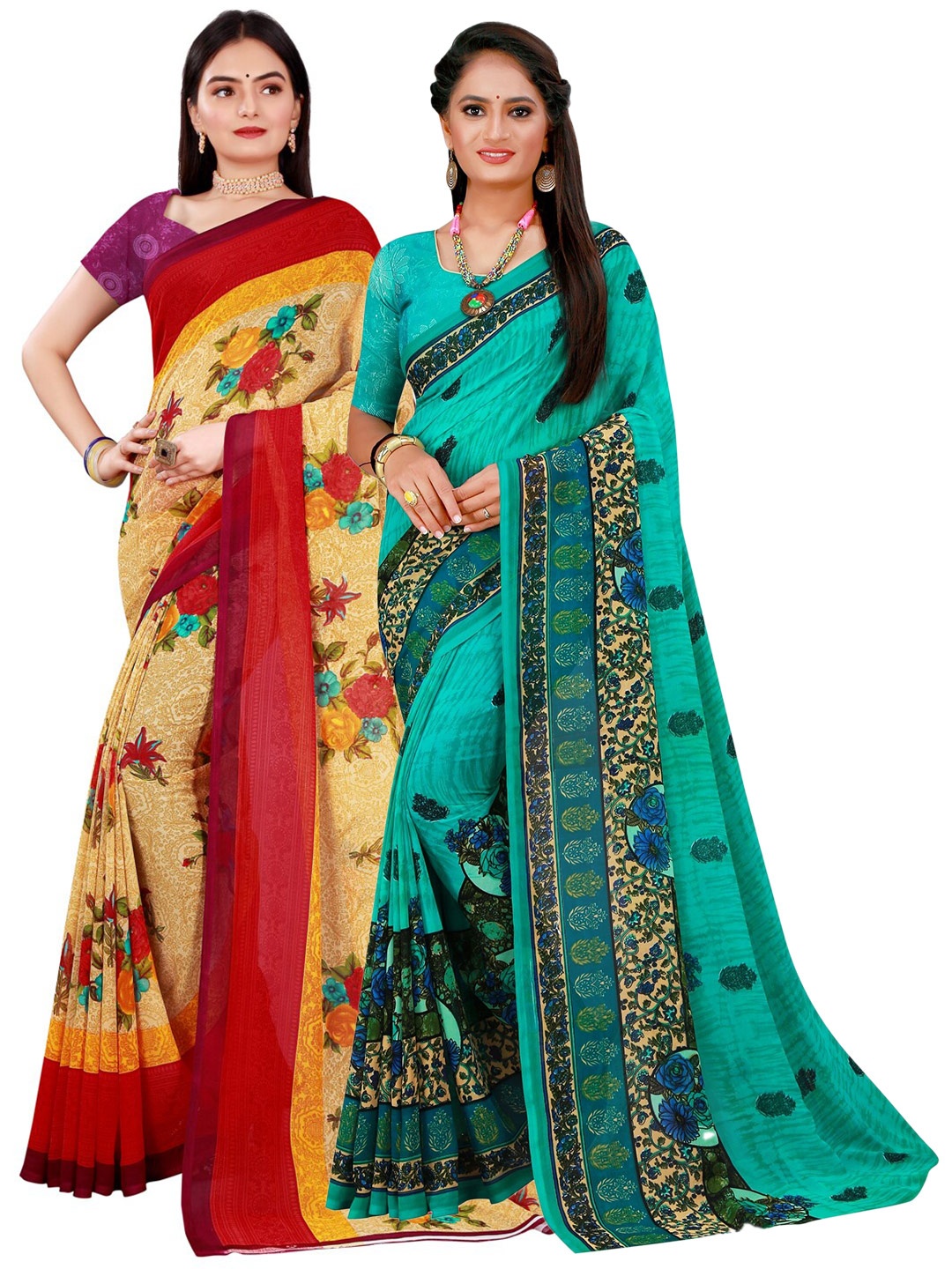 

SAADHVI Beige & Blue Pure Georgette Saree