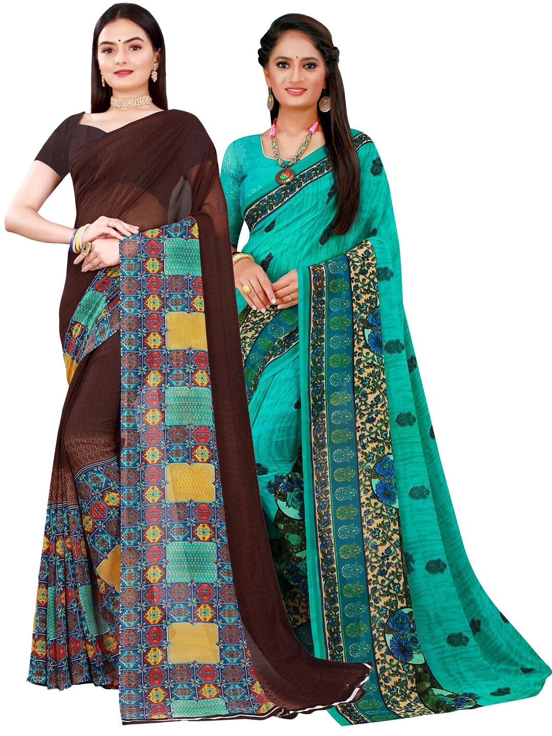 

SAADHVI Brown & Turquoise Blue Pure Georgette Saree