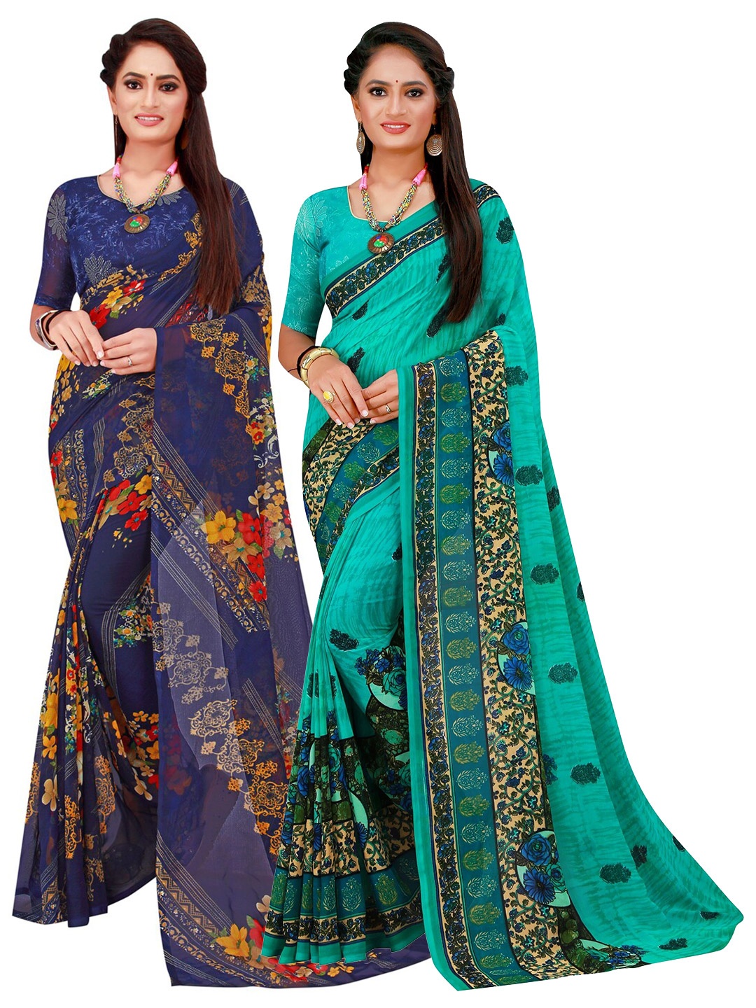 

SAADHVI Turquoise Blue & Yellow Floral Pure Georgette Saree