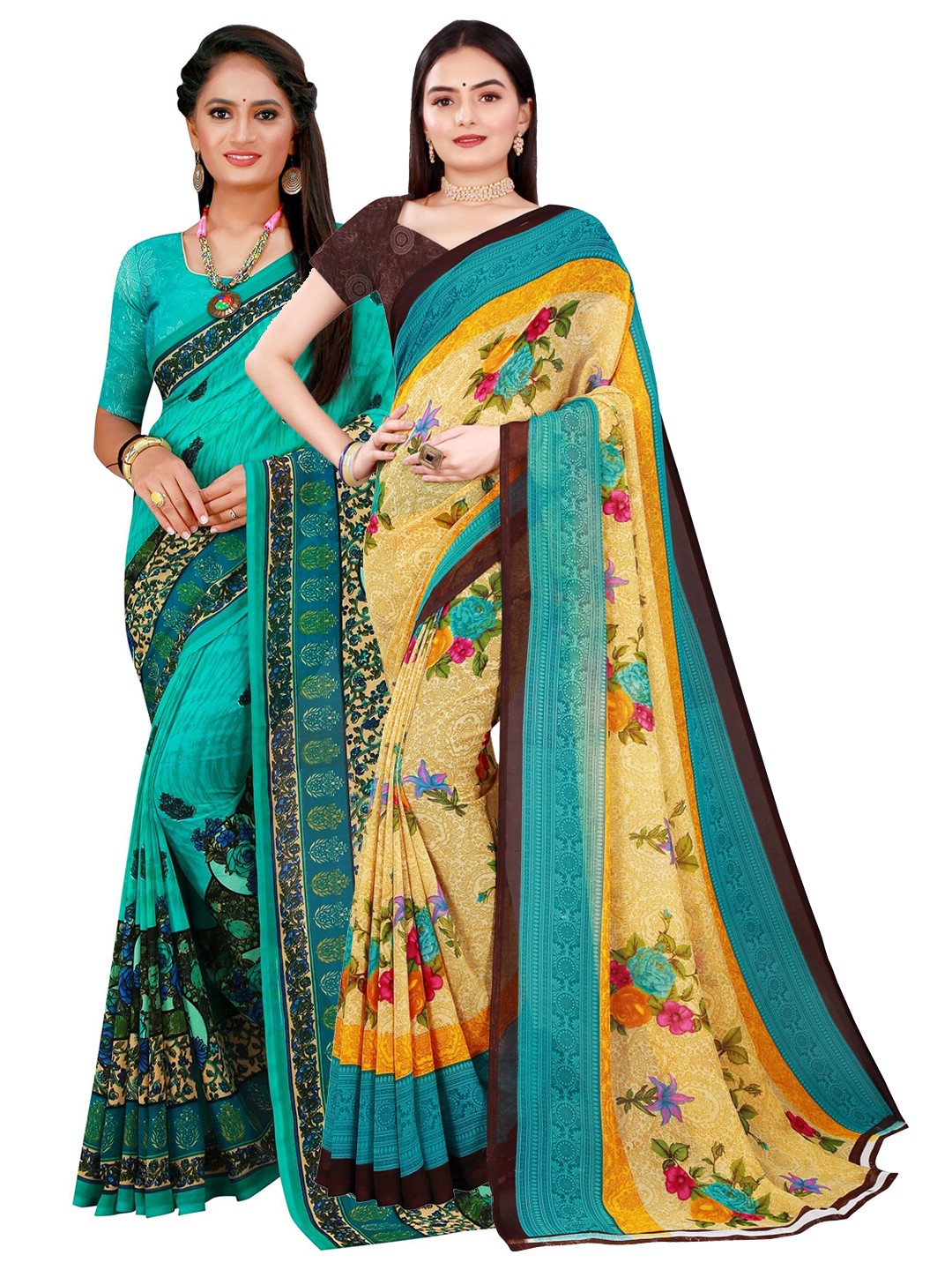 

SAADHVI Turquoise Blue & Yellow Pure Georgette Saree