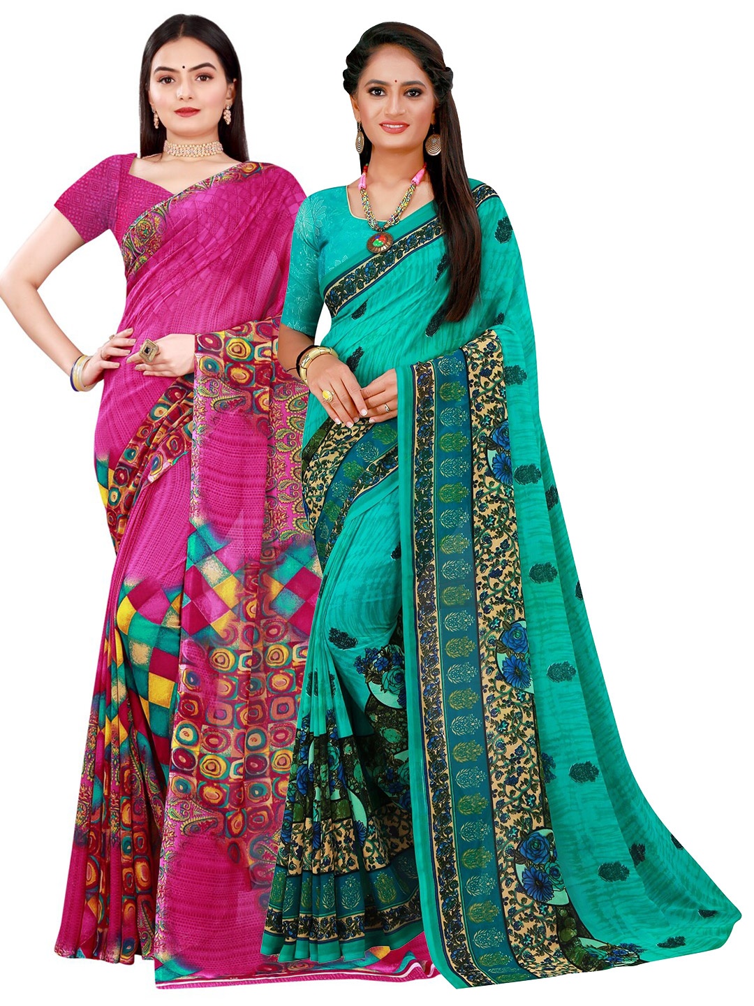 

SAADHVI Magenta & Green Floral Pure Georgette Saree