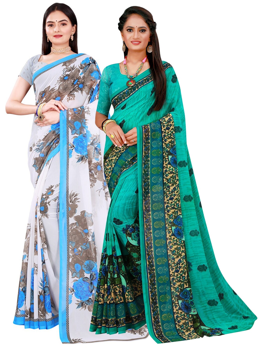 

SAADHVI Turquoise Blue & White Floral Pure Georgette Saree