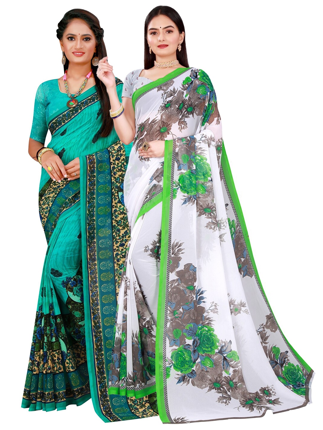 

SAADHVI Turquoise Blue & White Pure Georgette Saree