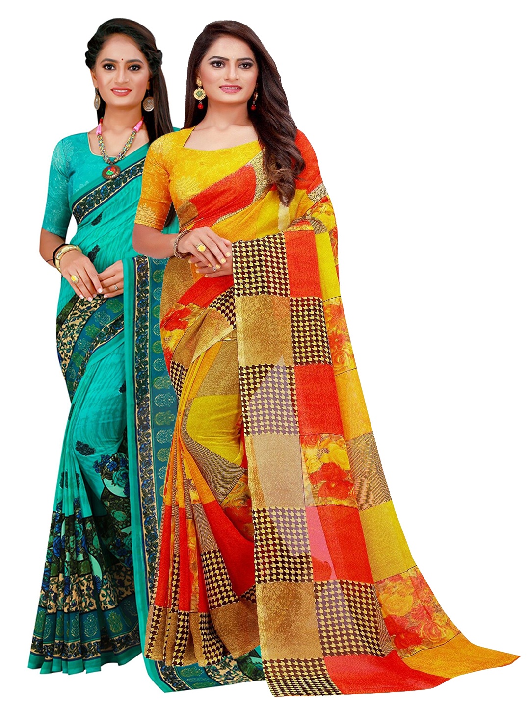 SAADHVI Yellow & Green Floral Pure Georgette Saree