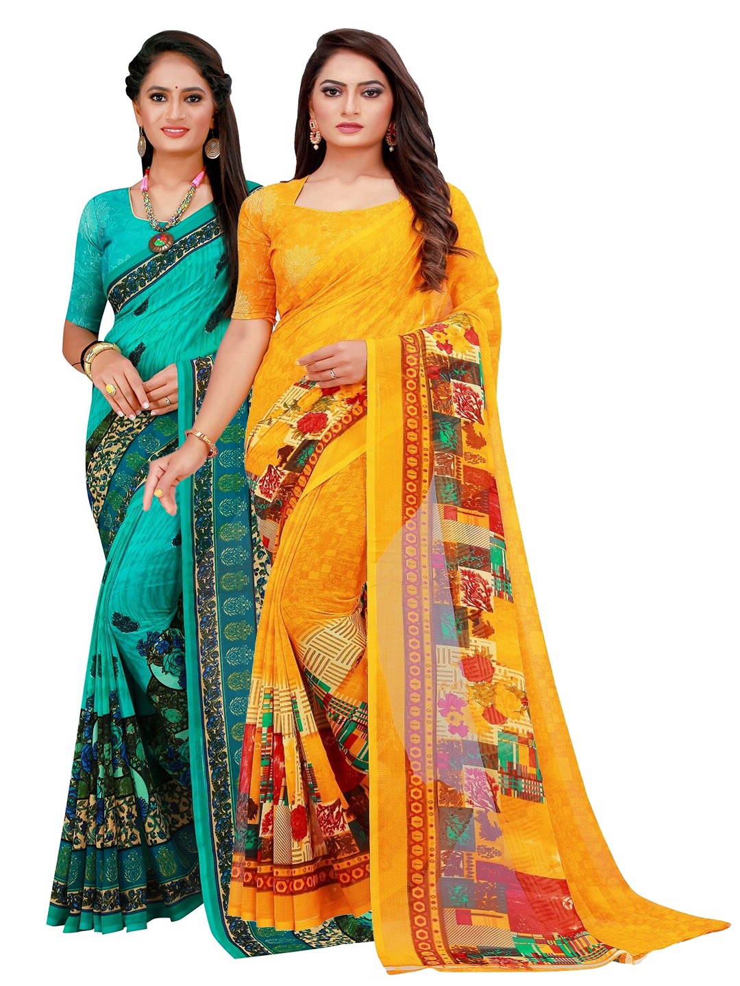 

SAADHVI Turquoise Blue & Yellow Floral Pure Georgette Saree