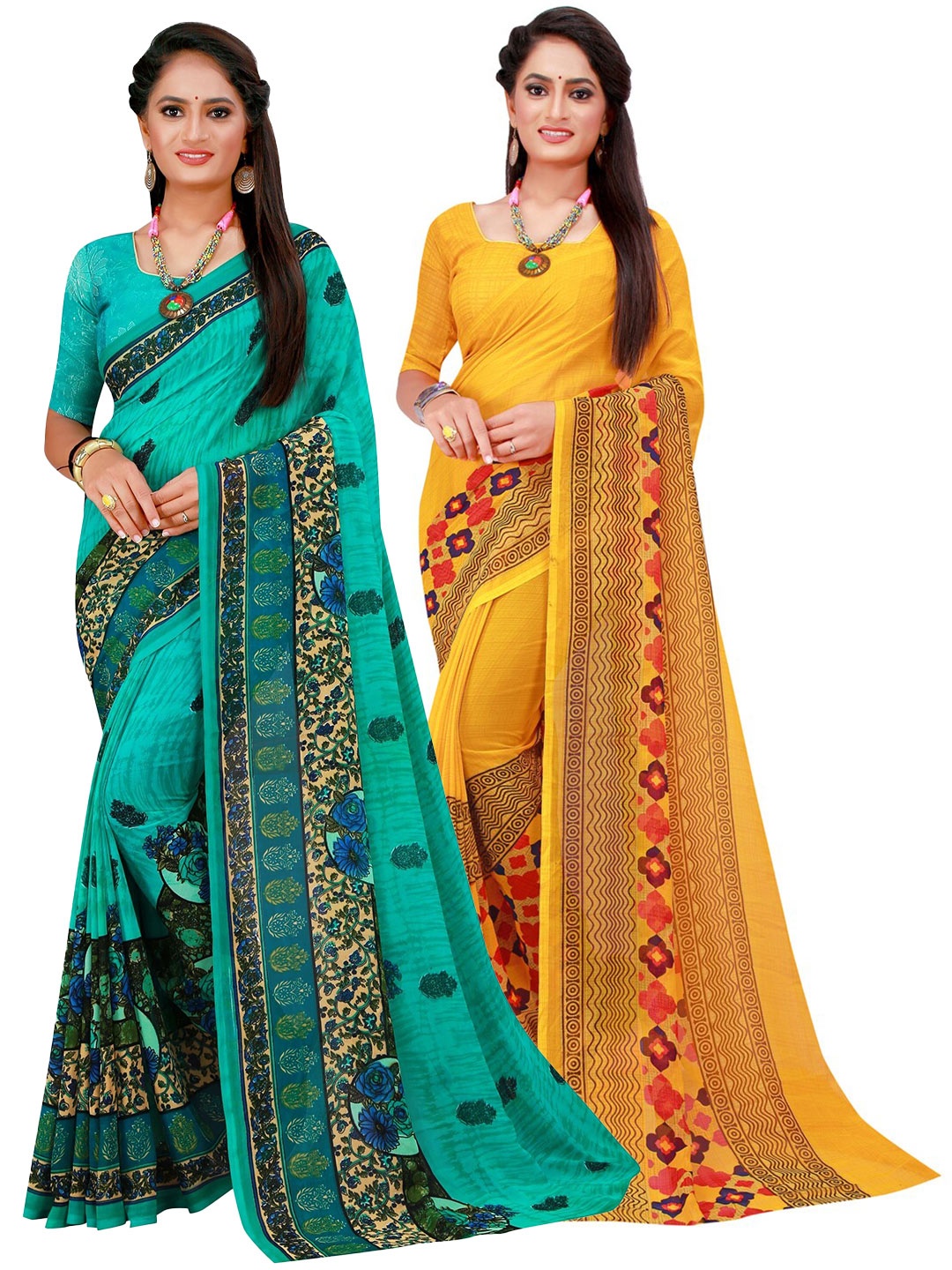 

SAADHVI Yellow & Green Pure Georgette Saree