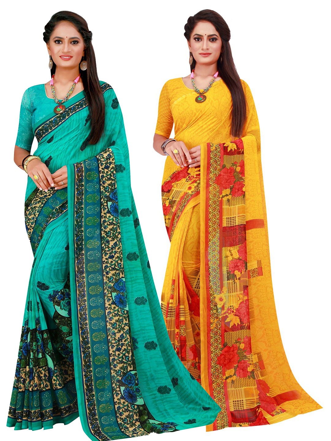 

SAADHVI Yellow & Green Floral Pure Georgette Saree