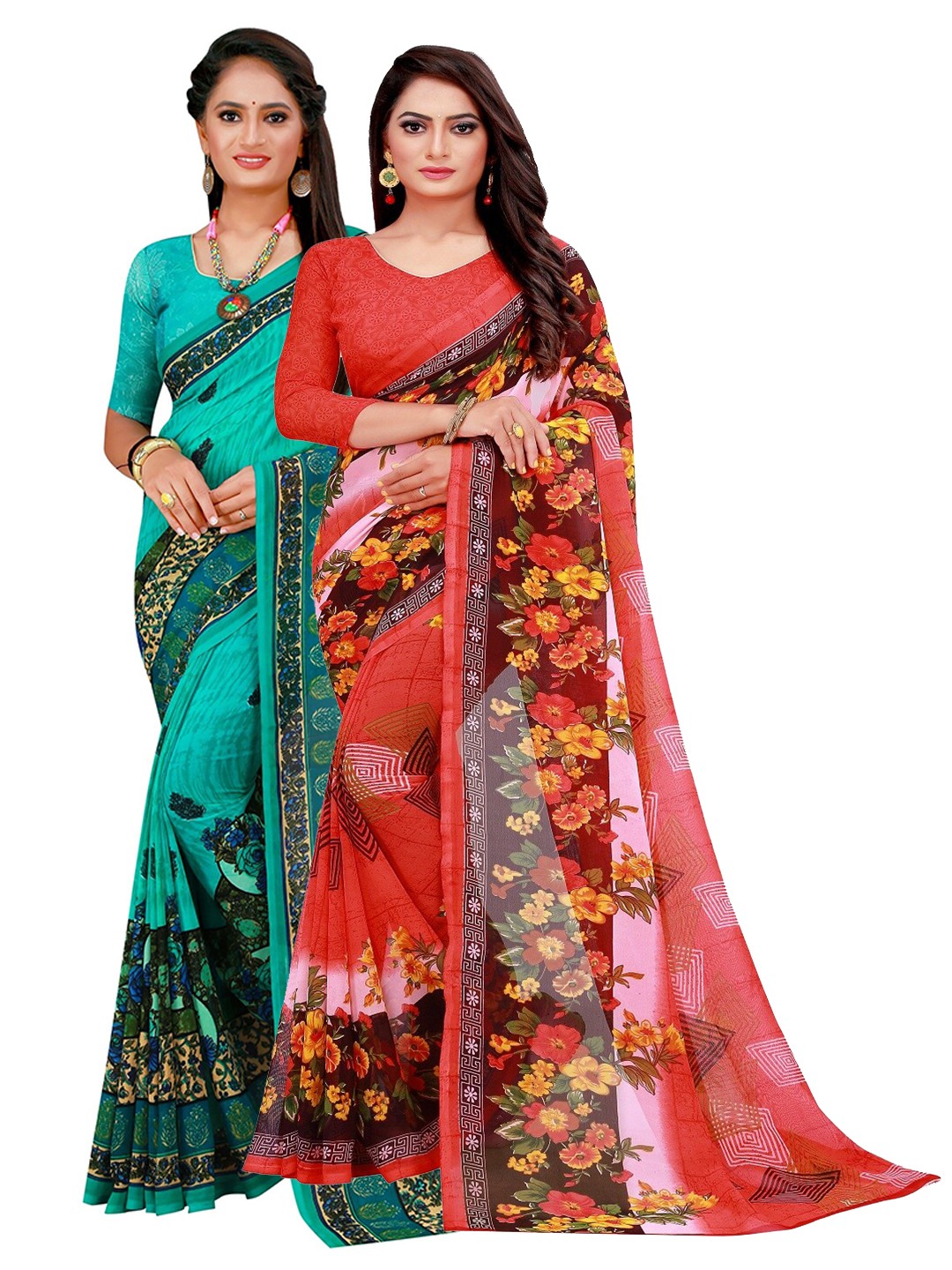 

SAADHVI Red & Green Floral Pure Georgette Saree