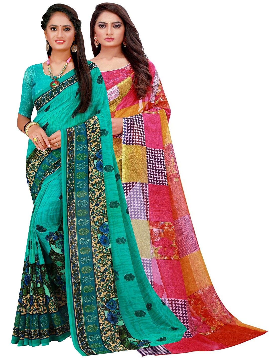 

SAADHVI Red & Green Pure Georgette Saree