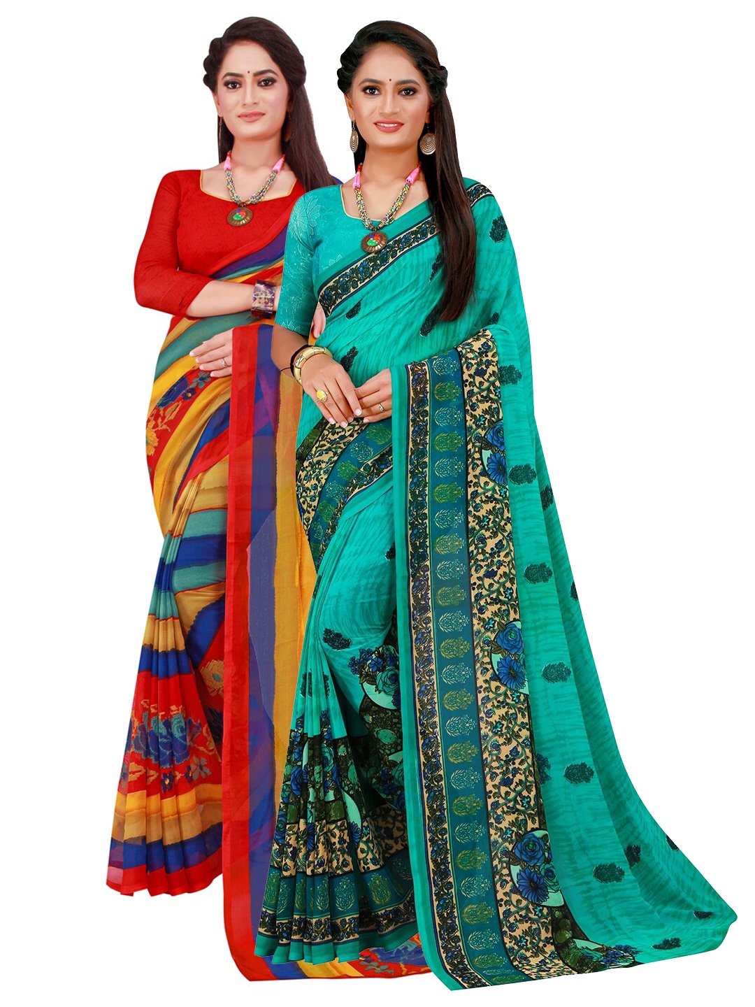 

SAADHVI Red & Green Floral Pure Georgette Saree