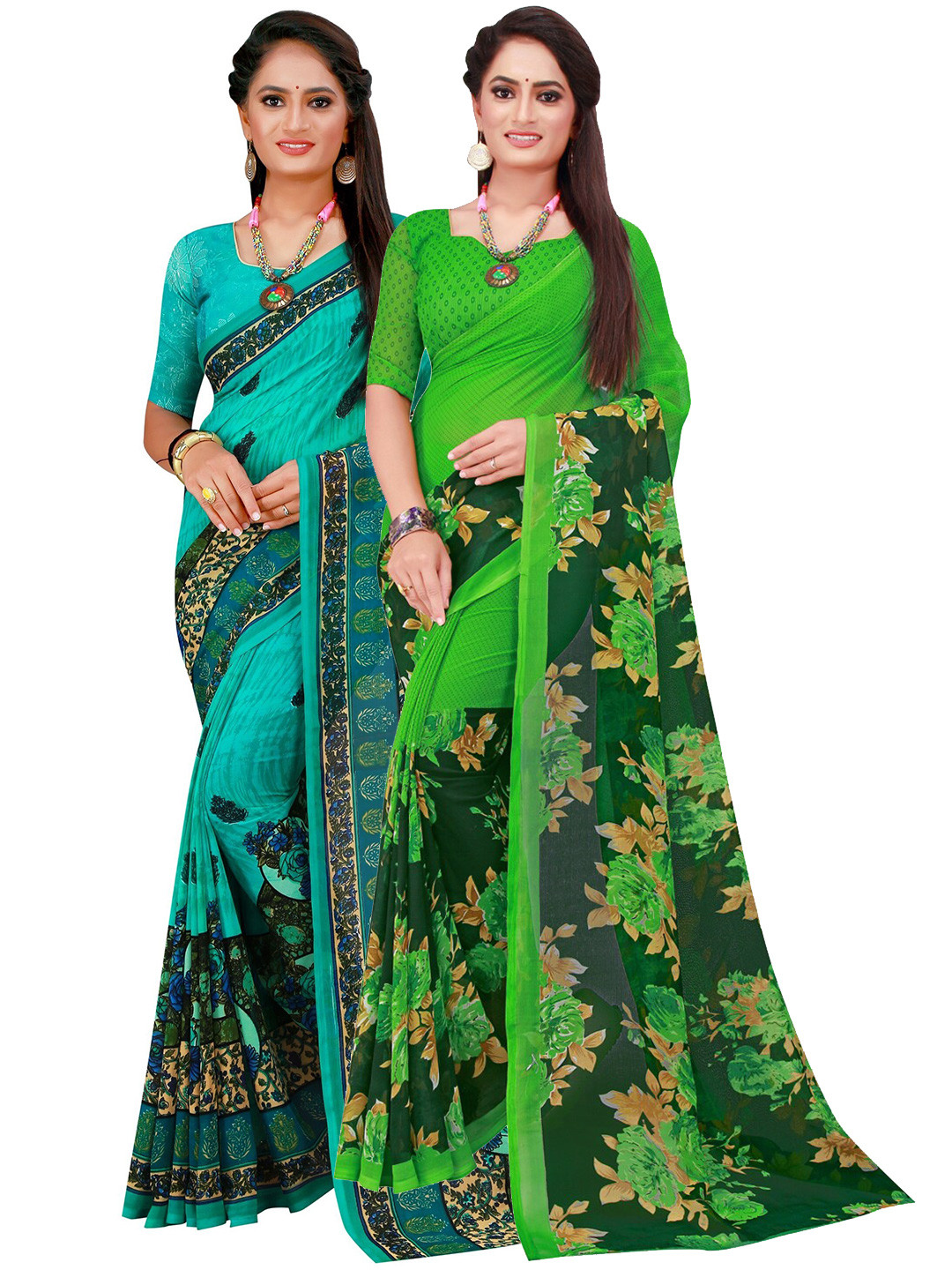 

SAADHVI Turquoise Blue & Green Floral Pure Georgette Saree
