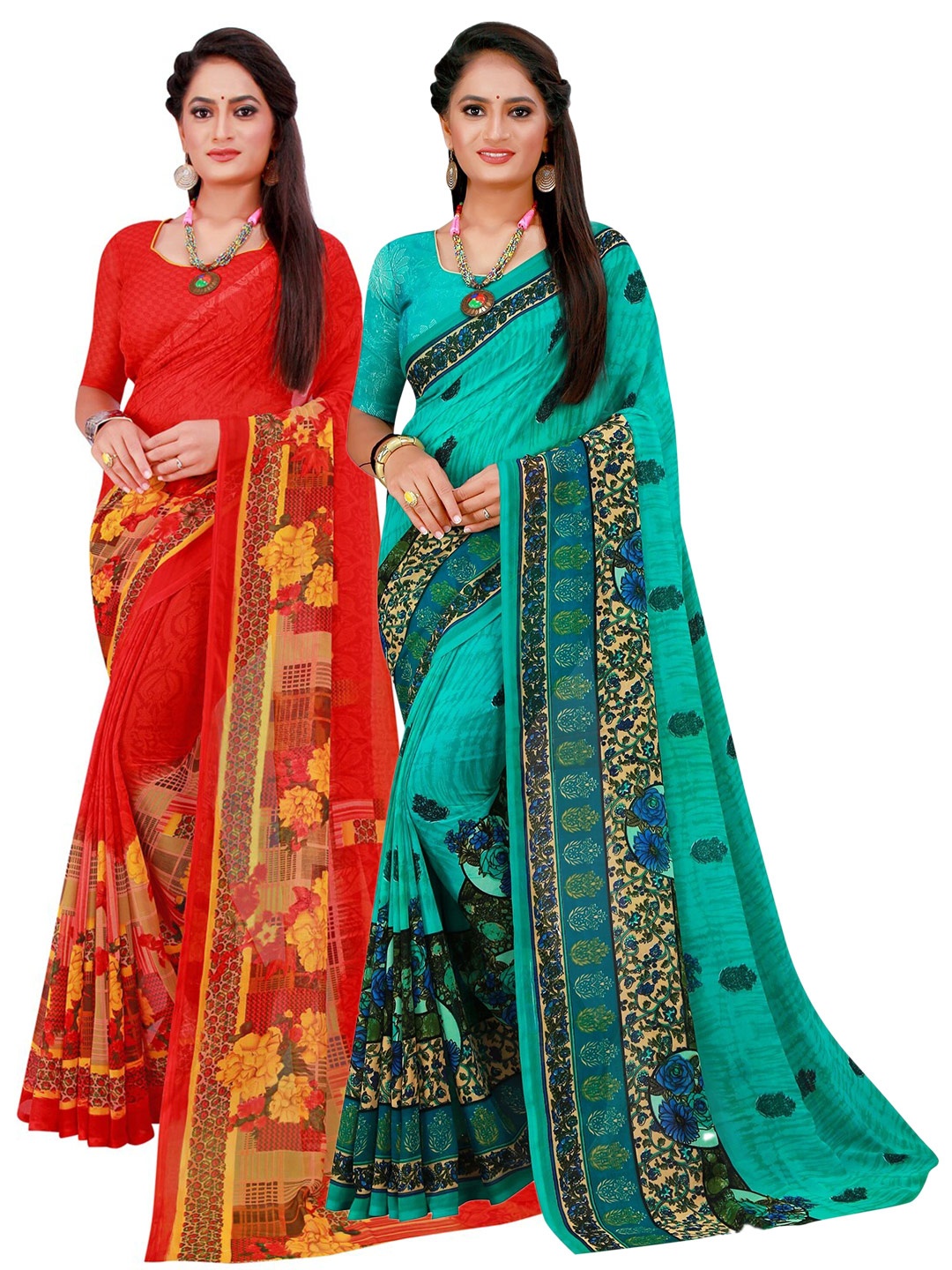 

SAADHVI Turquoise Blue & Red Pure Georgette Saree