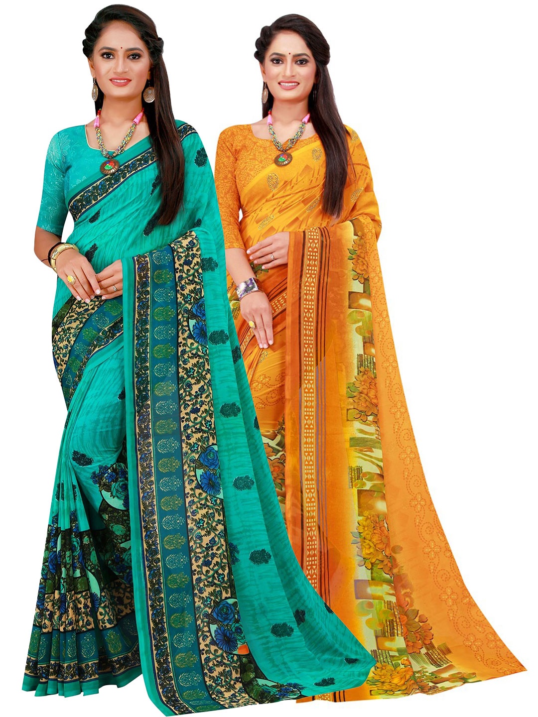

SAADHVI Turquoise Blue & Yellow Pure Georgette Saree