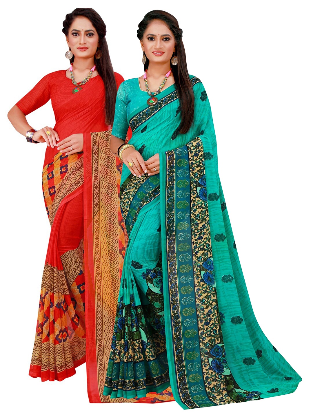 

SAADHVI Red & Green Pure Georgette Saree