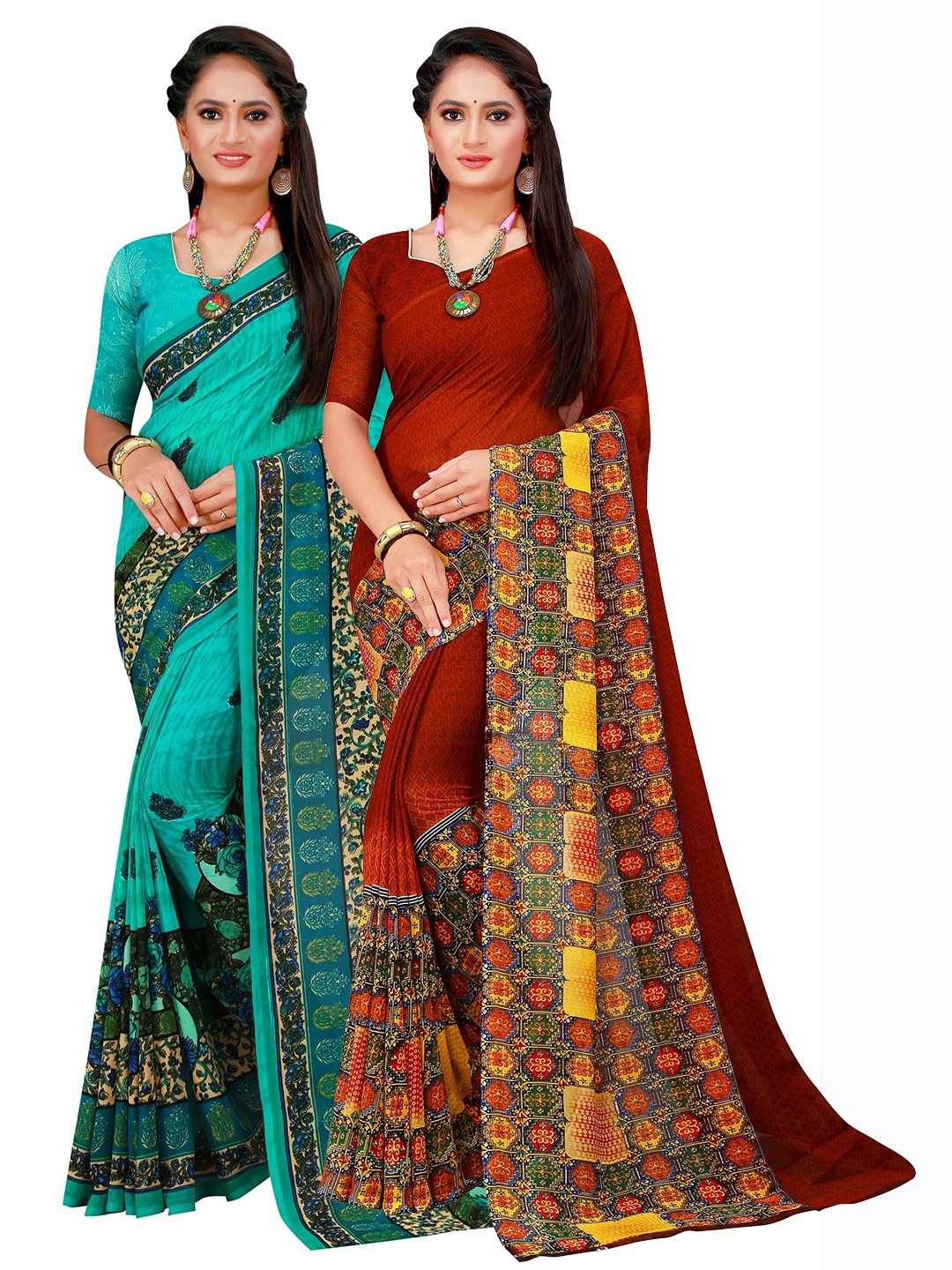 

SAADHVI Turquoise Blue & Brown Floral Pure Georgette Saree