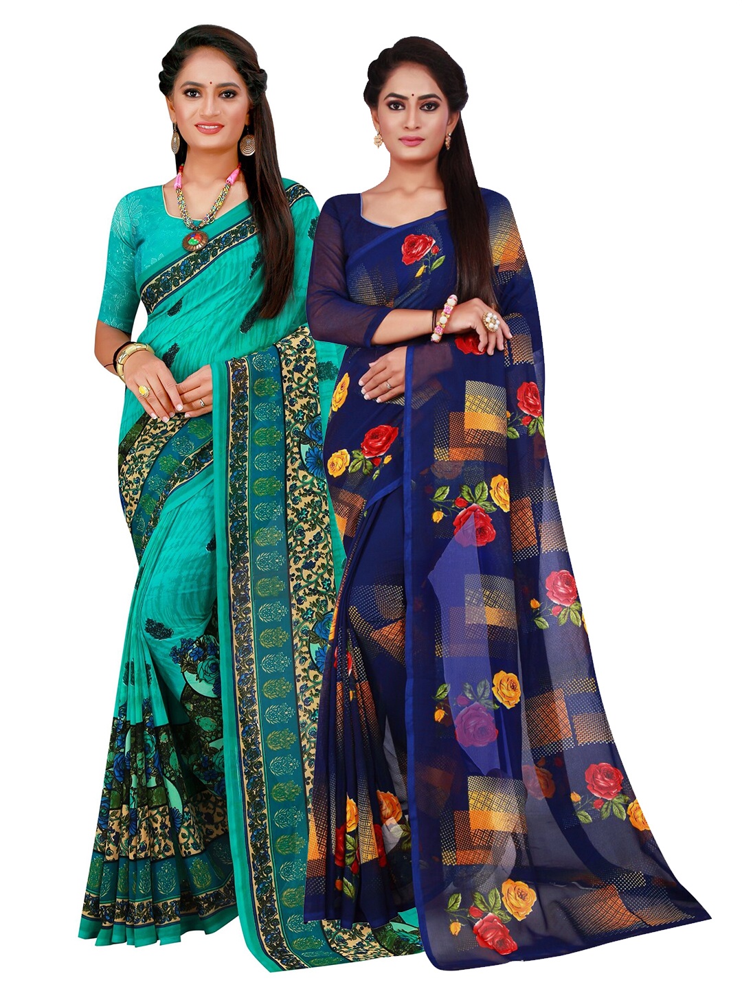 

SAADHVI Turquoise Blue & Yellow Floral Pure Georgette Saree