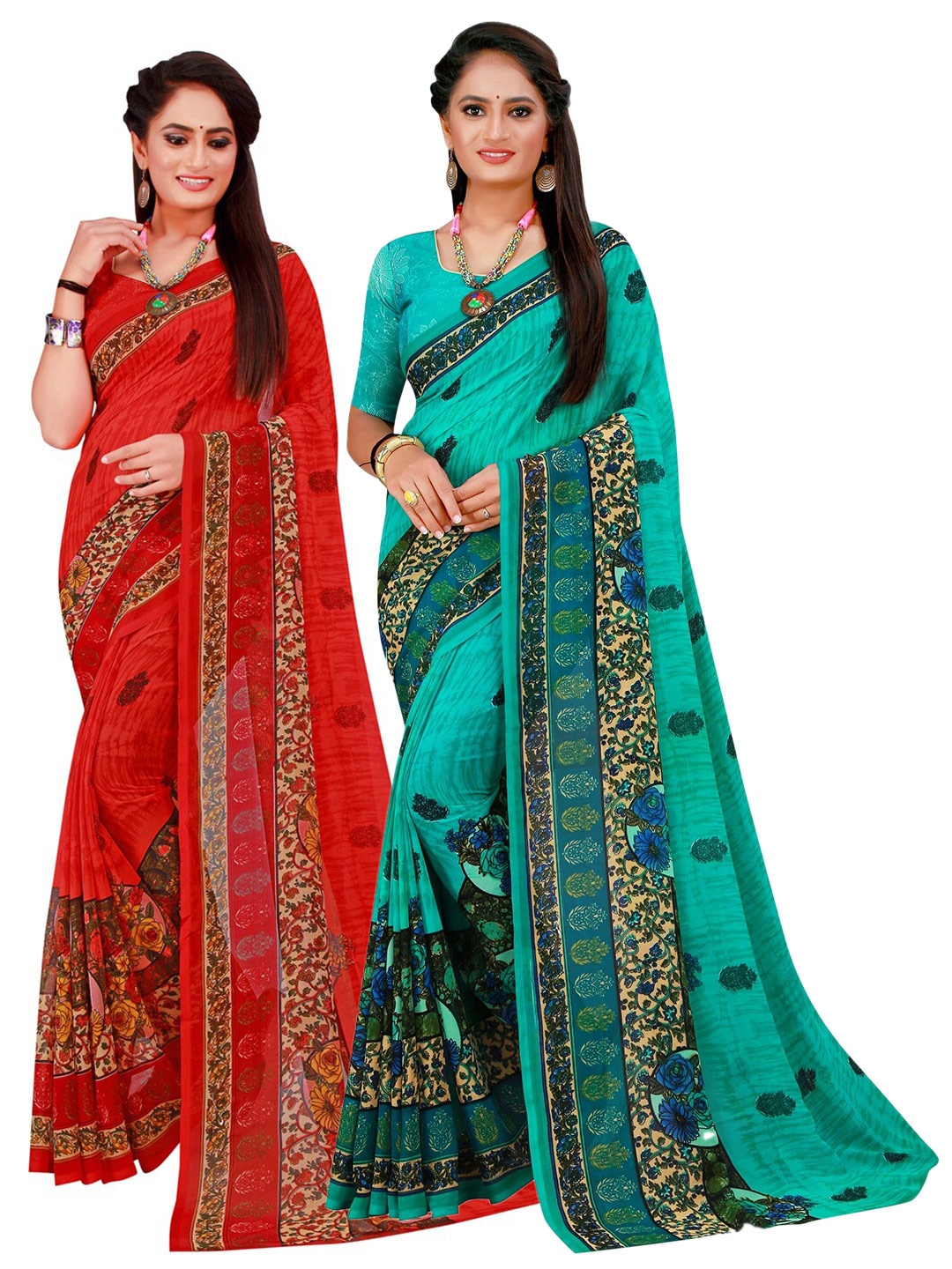 

SAADHVI Turquoise Blue & Red Pure Georgette Saree