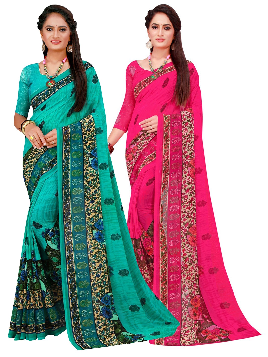 

SAADHVI Turquoise Blue & Magenta Pure Georgette Saree