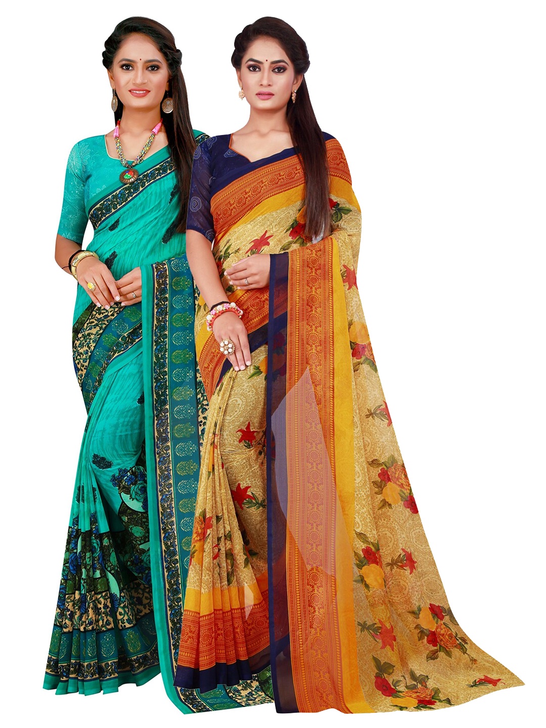 

SAADHVI Green & Beige Floral Pure Georgette Saree