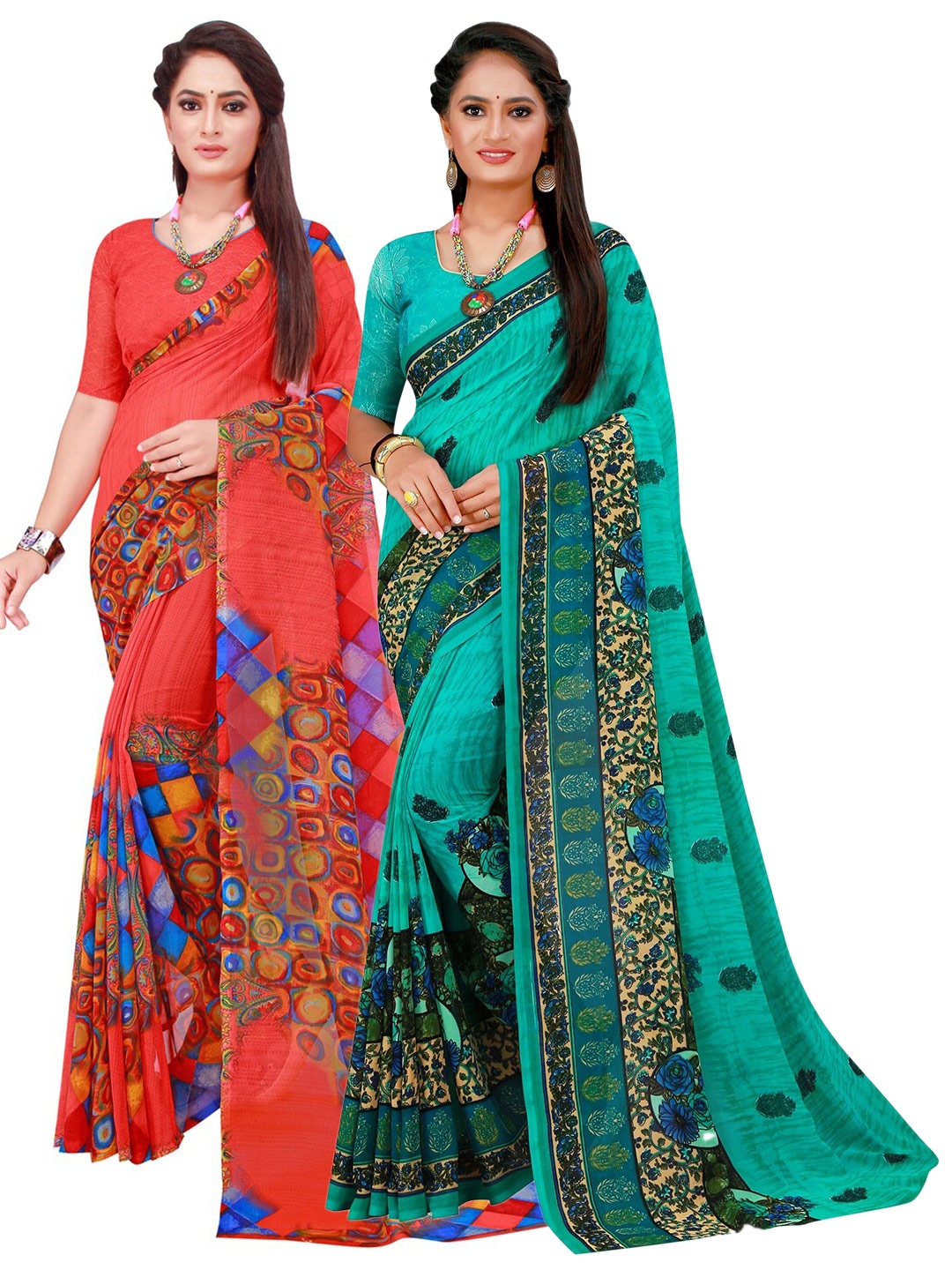 

SAADHVI Turquoise Blue & Red Pure Georgette Saree