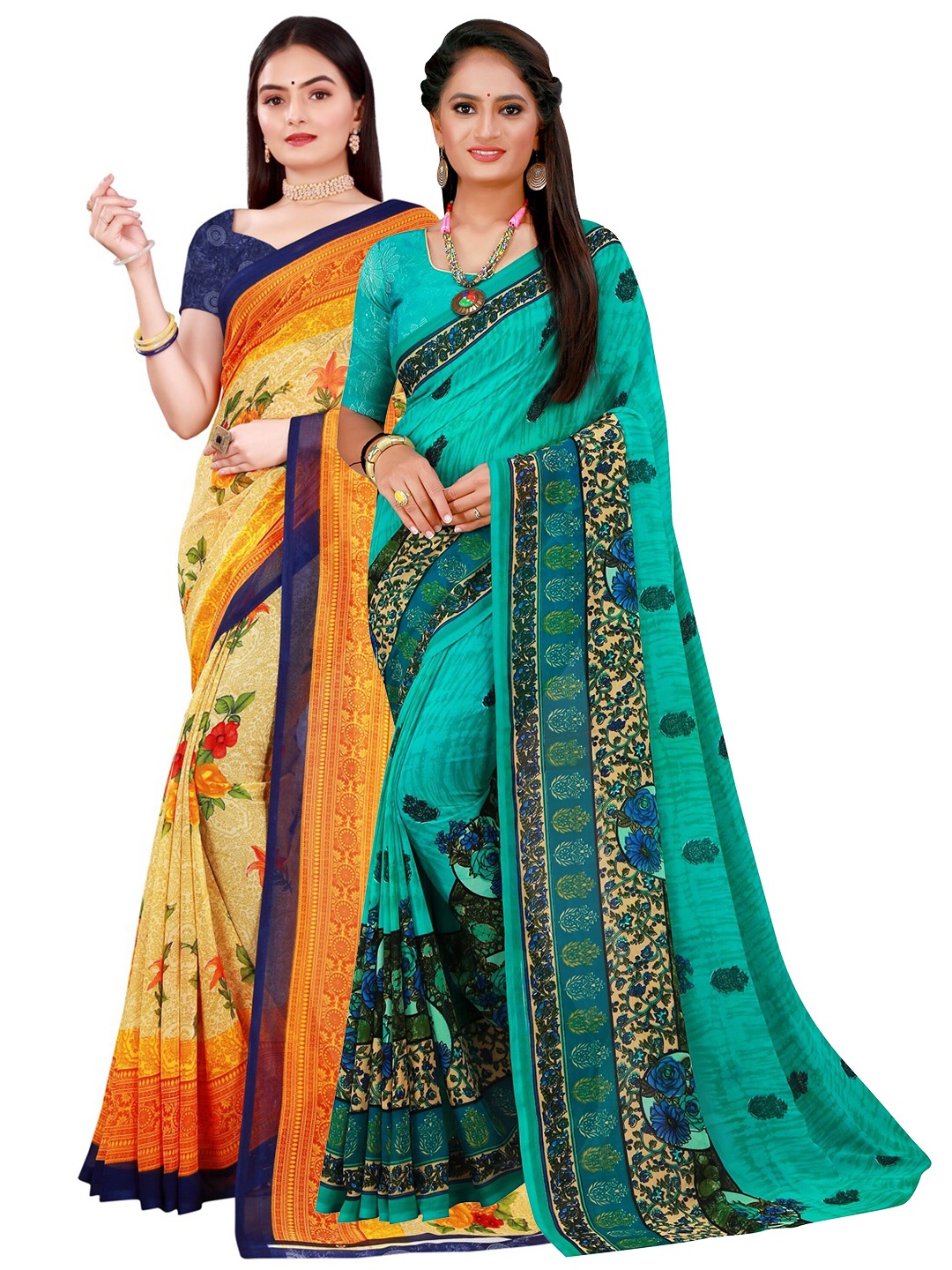 

SAADHVI Beige & Green Pure Georgette Saree
