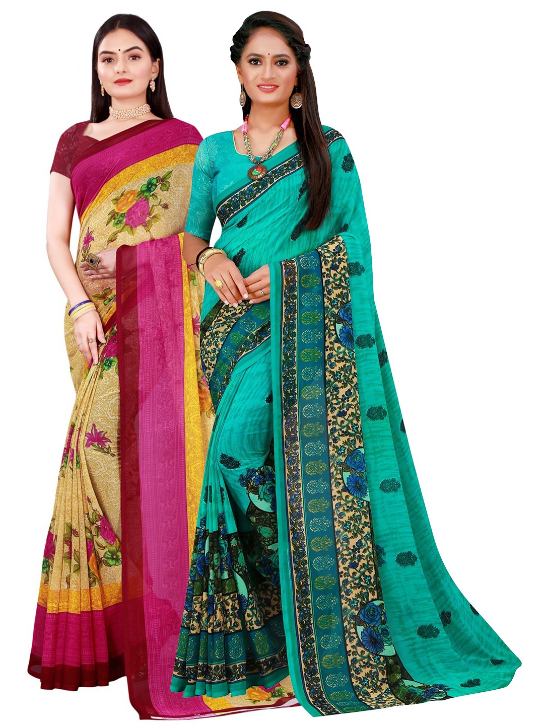 

SAADHVI Beige & Green Floral Pure Georgette Saree