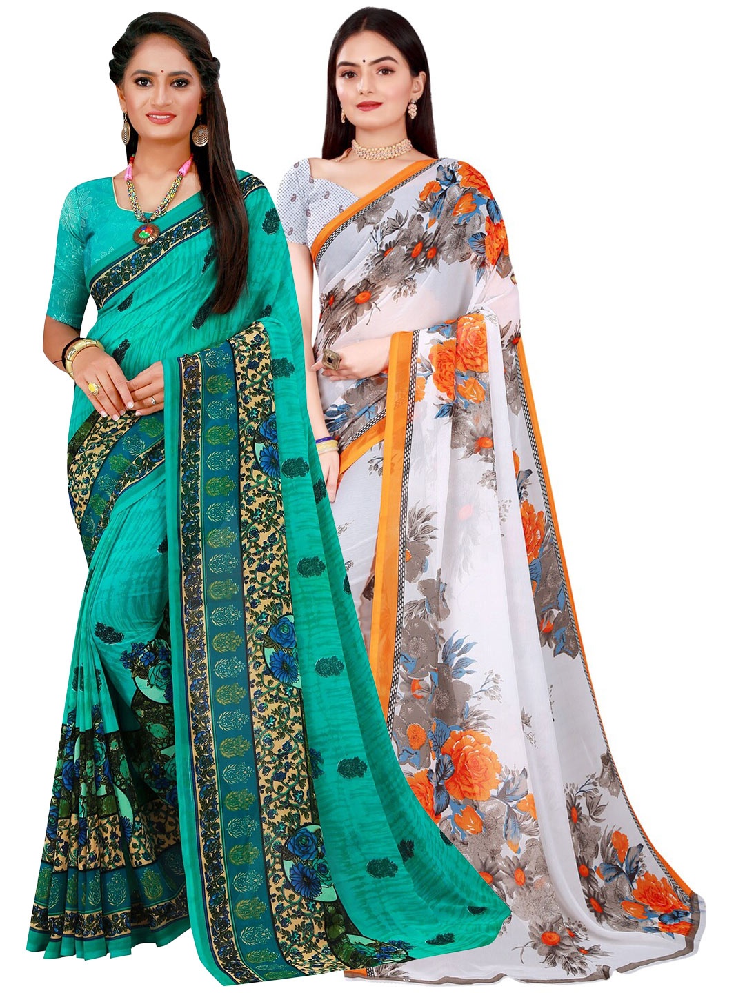 

SAADHVI Turquoise Blue & White Pure Georgette Saree