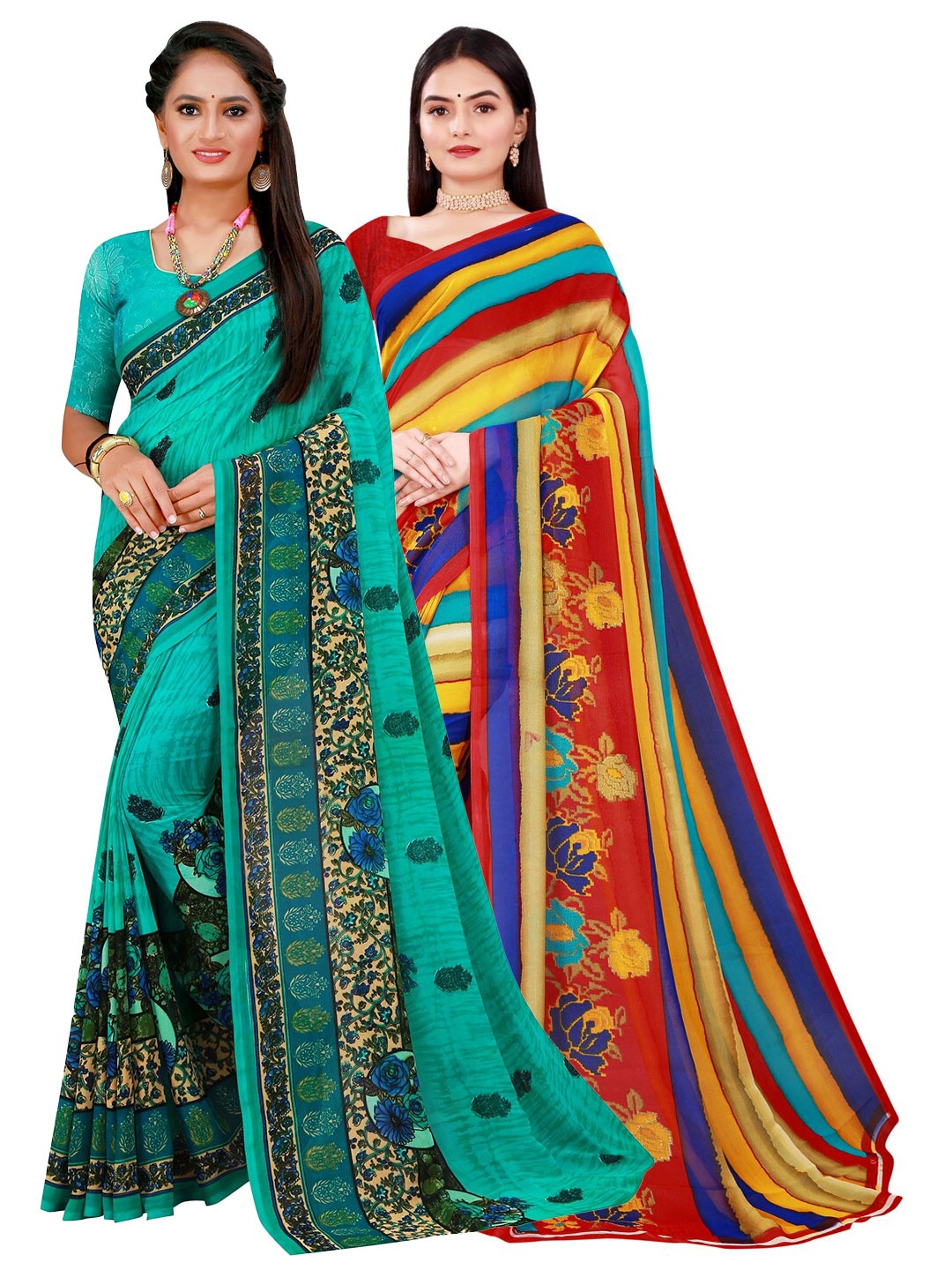 

SAADHVI Blue & Green Pure Georgette Saree