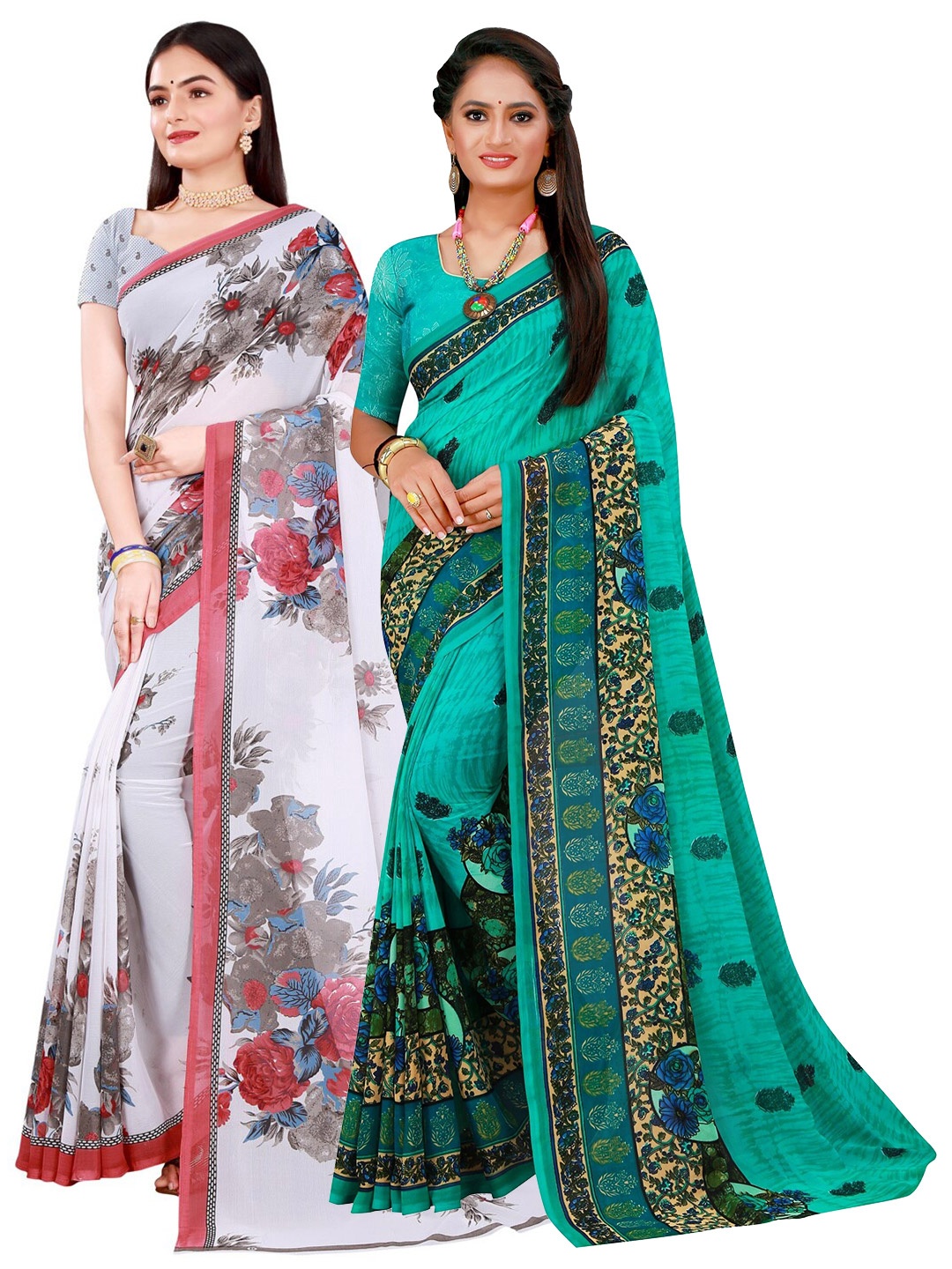 

SAADHVI Turquoise Blue Floral Pure Georgette Saree
