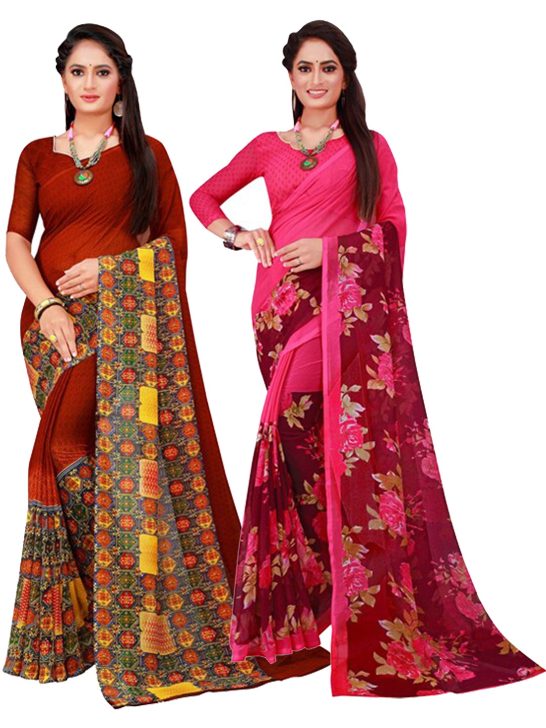 

SAADHVI Brown & Pink Pure Georgette Saree