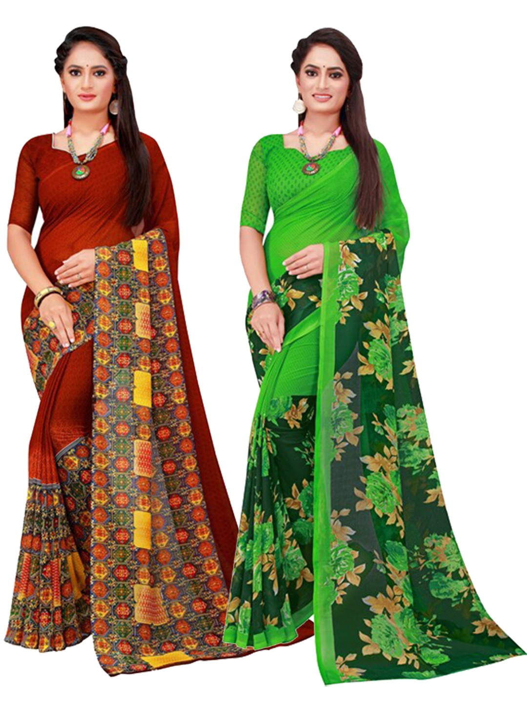

SAADHVI Brown & Green Floral Pure Georgette Saree
