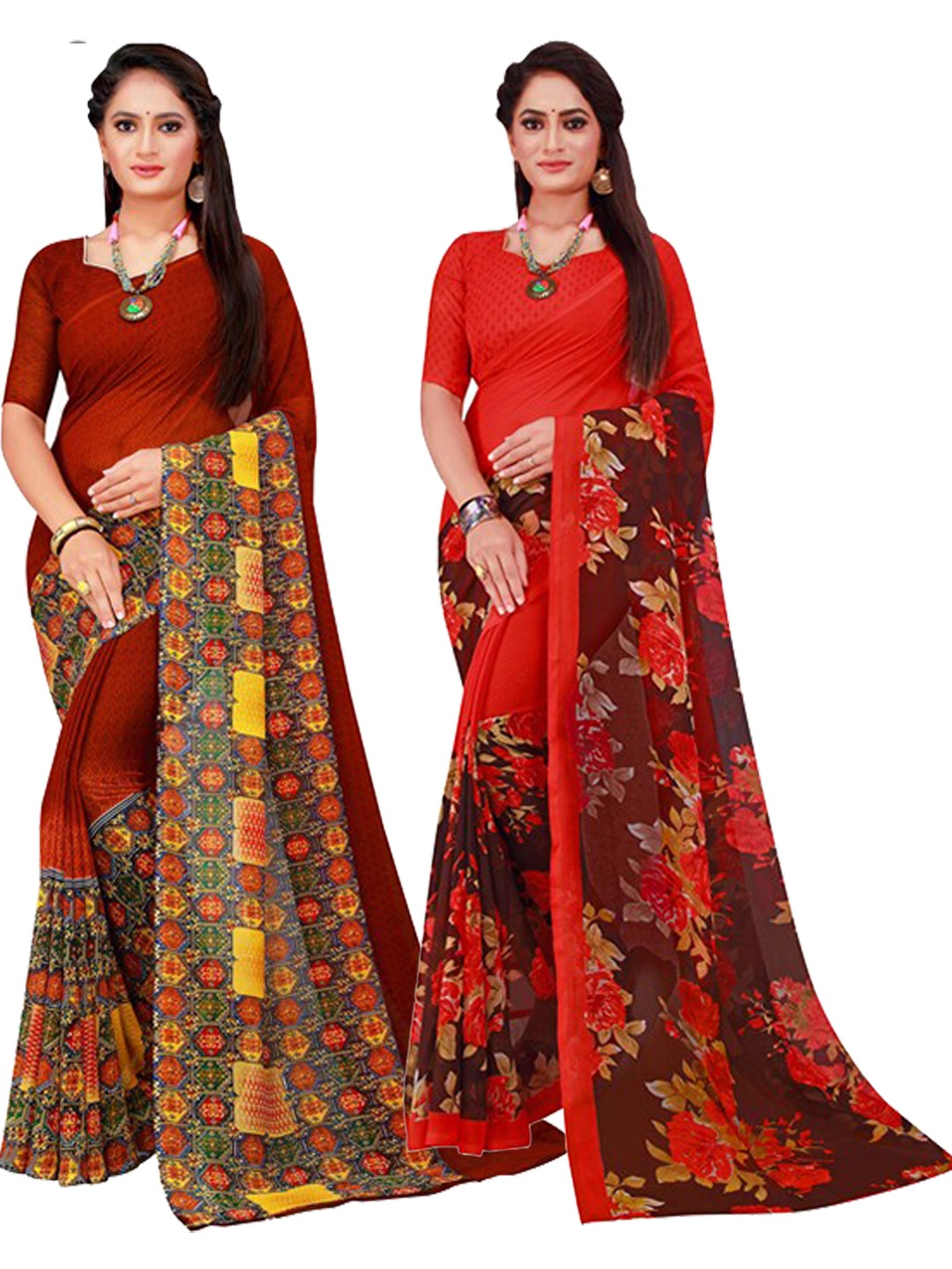 

SAADHVI Brown & Red Pure Georgette Saree