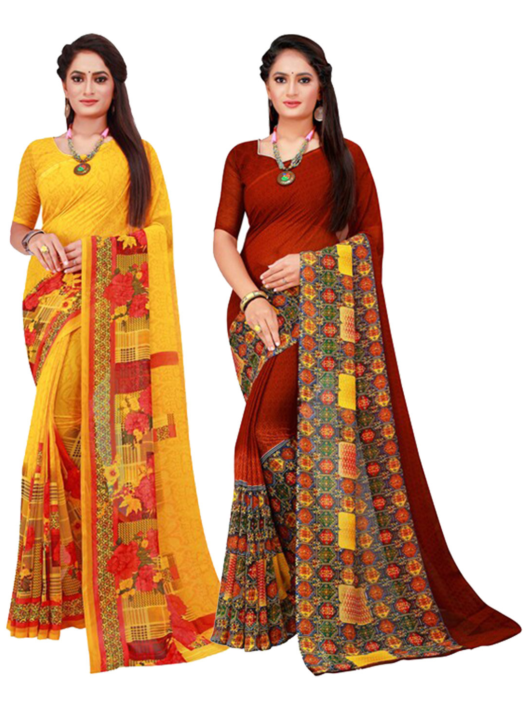 

SAADHVI Yellow & Brown Pure Georgette Saree