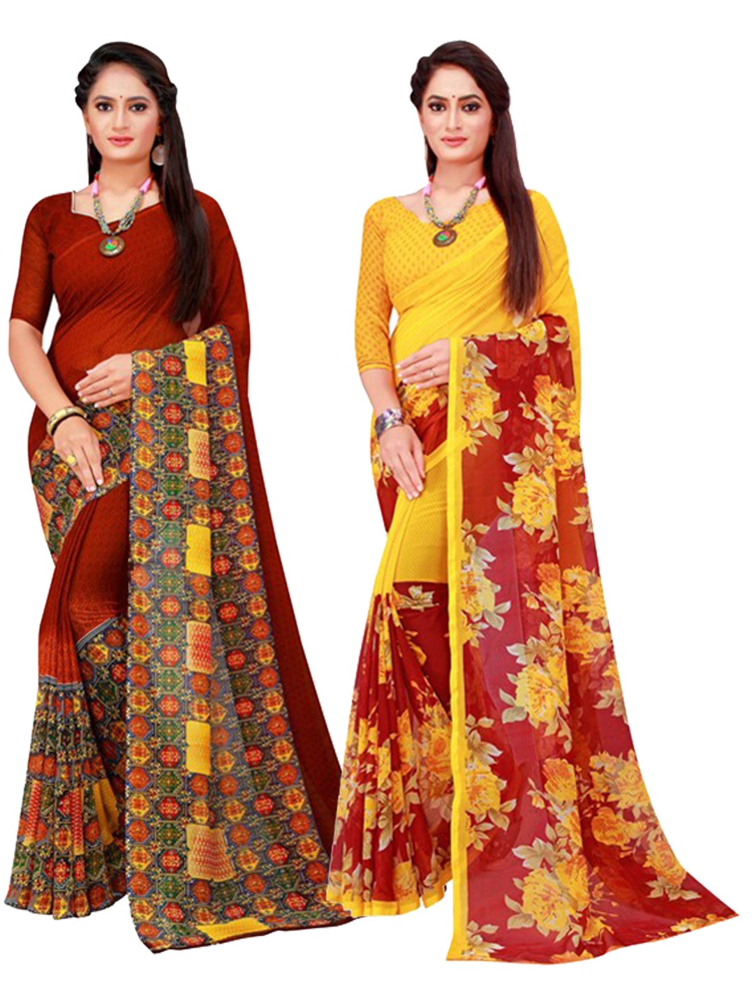

SAADHVI Brown & Yellow Pure Georgette Saree
