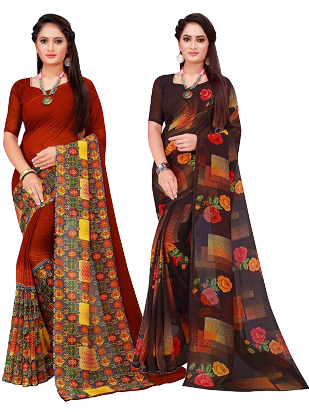 

SAADHVI Brown & Yellow Pure Georgette Saree