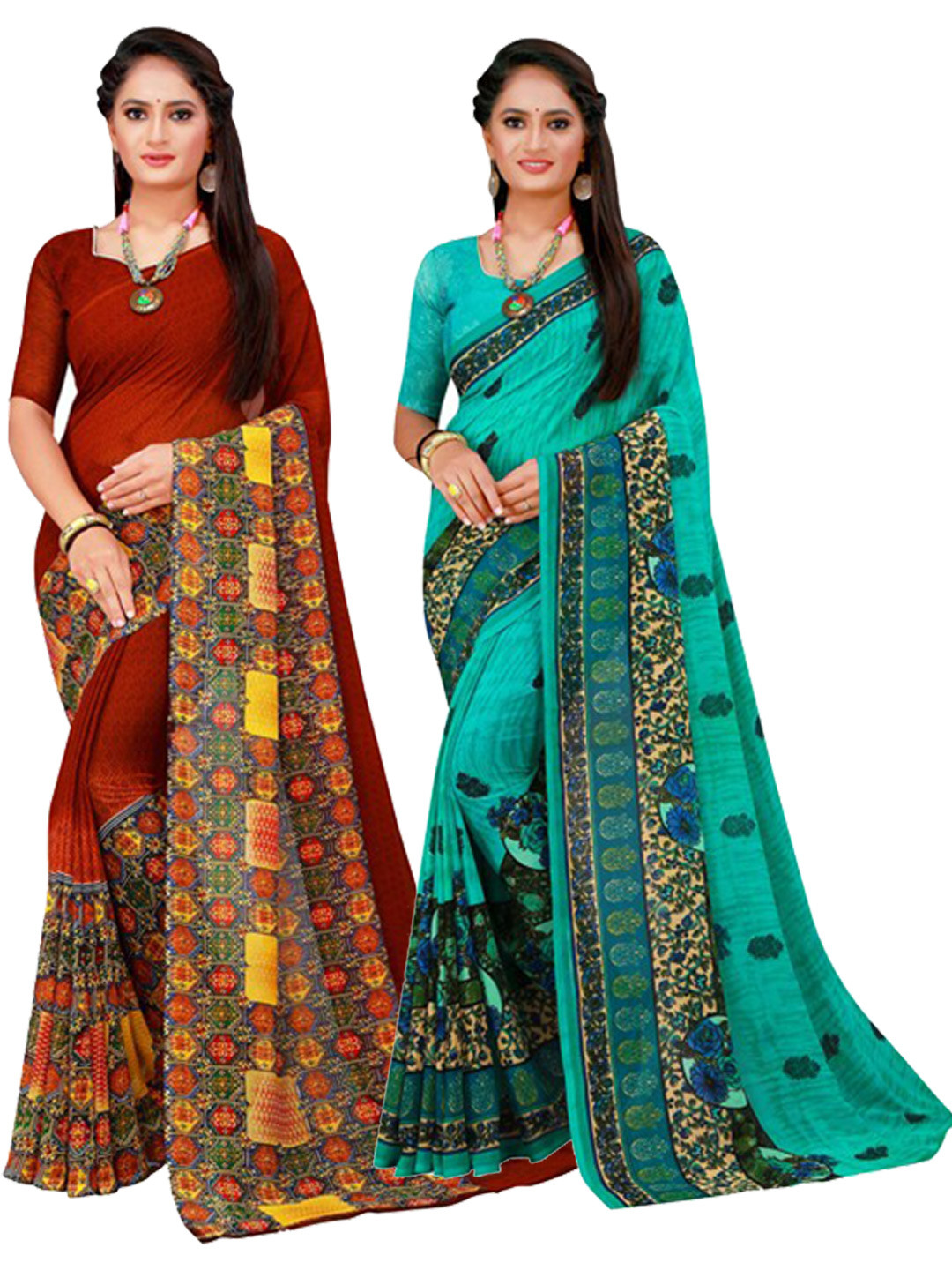 

SAADHVI Brown & Turquoise Blue Pure Georgette Saree