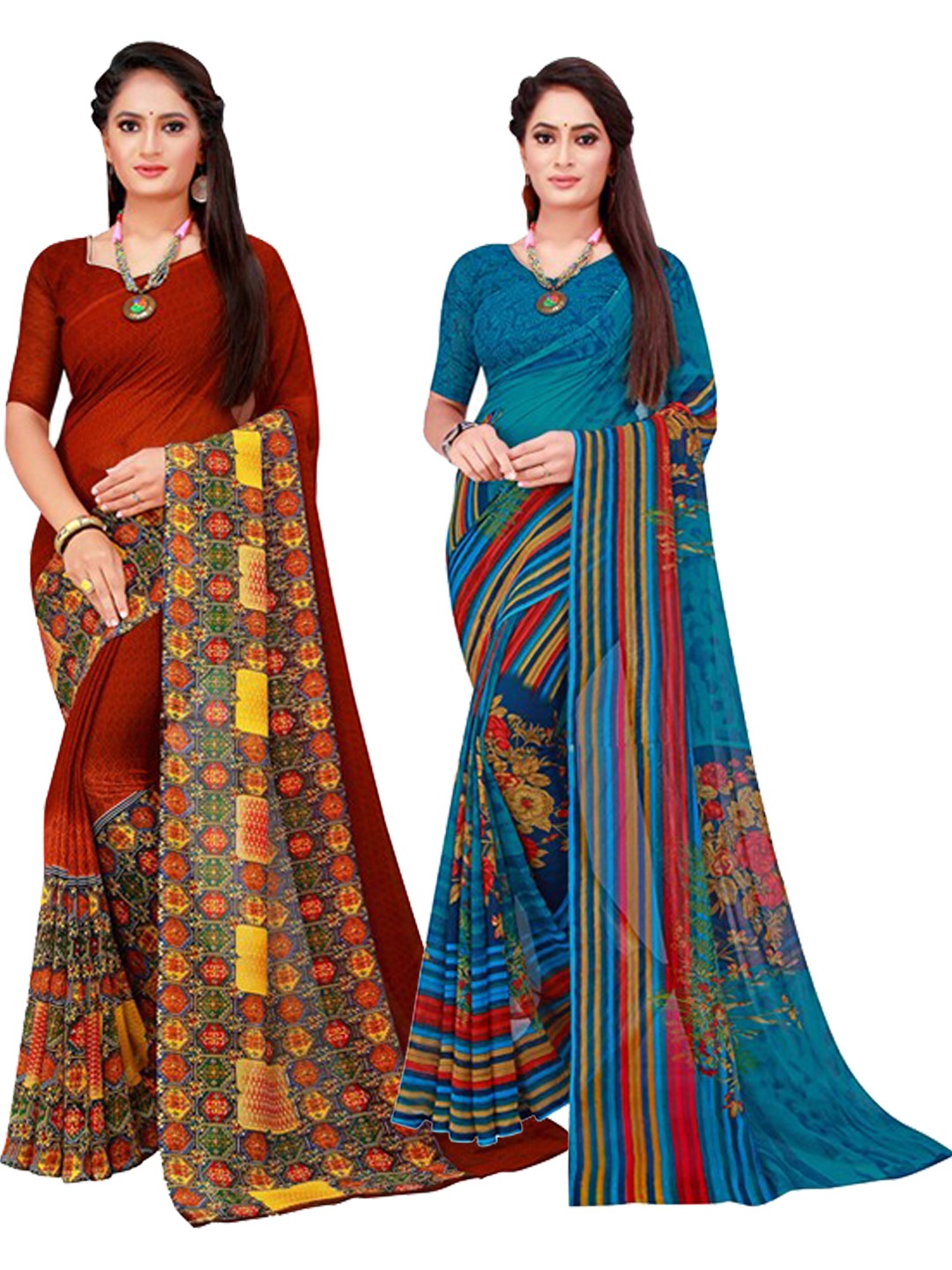 

SAADHVI Brown & Turquoise Blue Pure Georgette Saree