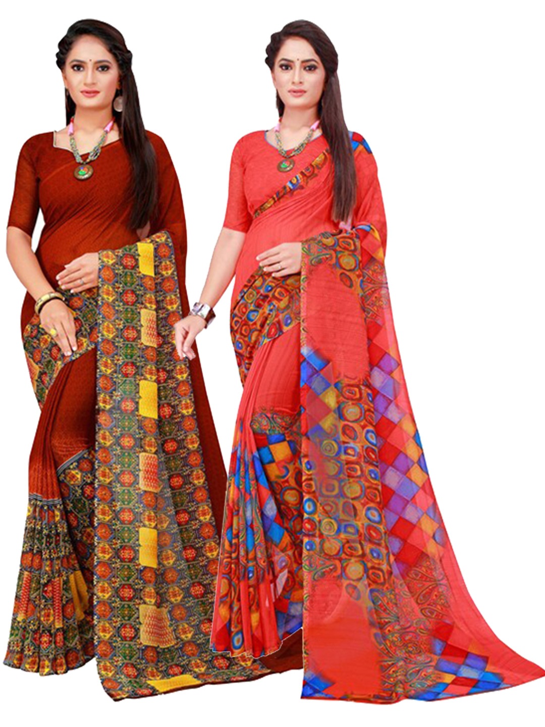 SAADHVI Brown & Red Floral Pure Georgette Saree