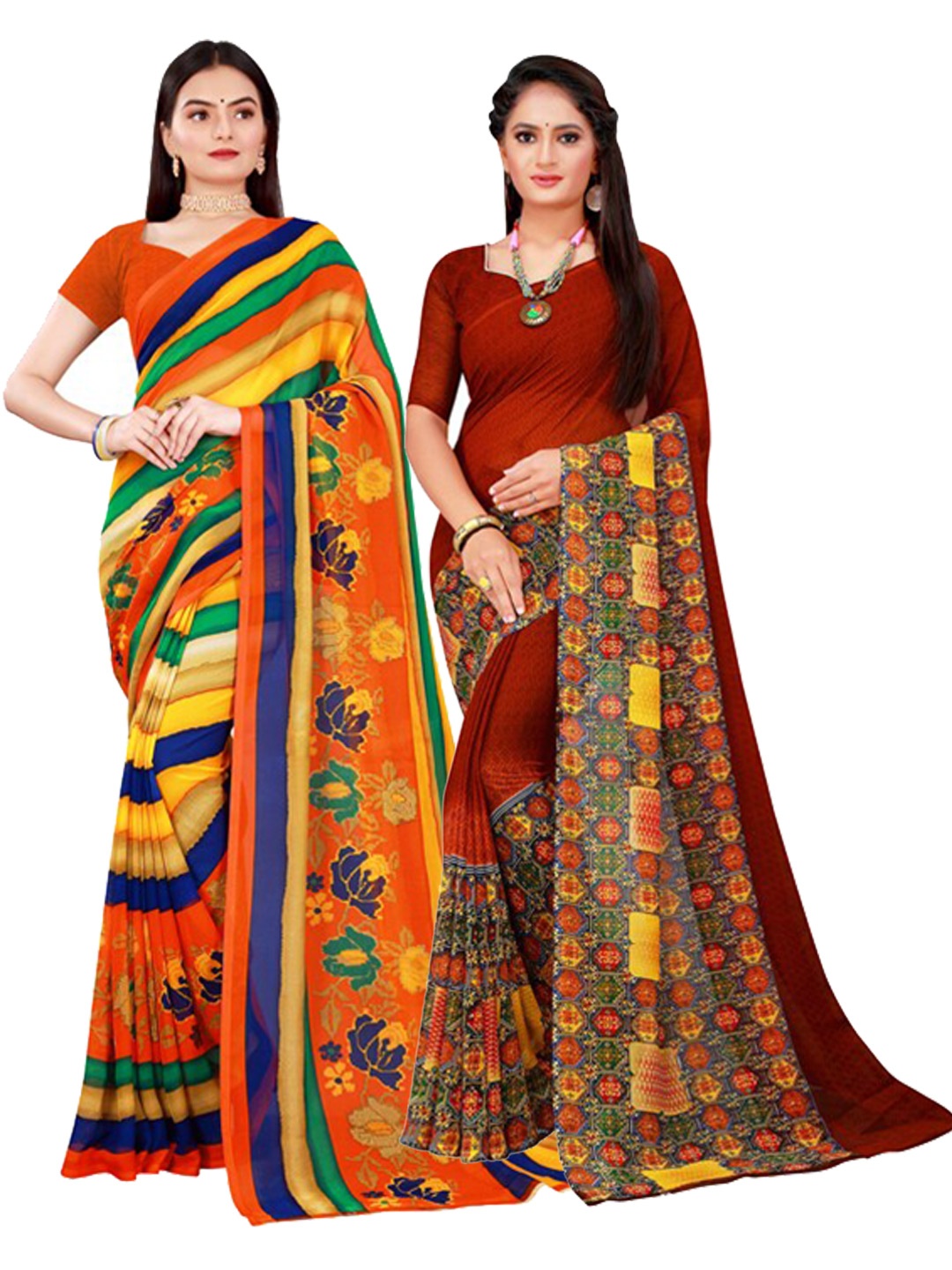 

SAADHVI Pack of 2 Printed Pure Georgette Sarees, Brown