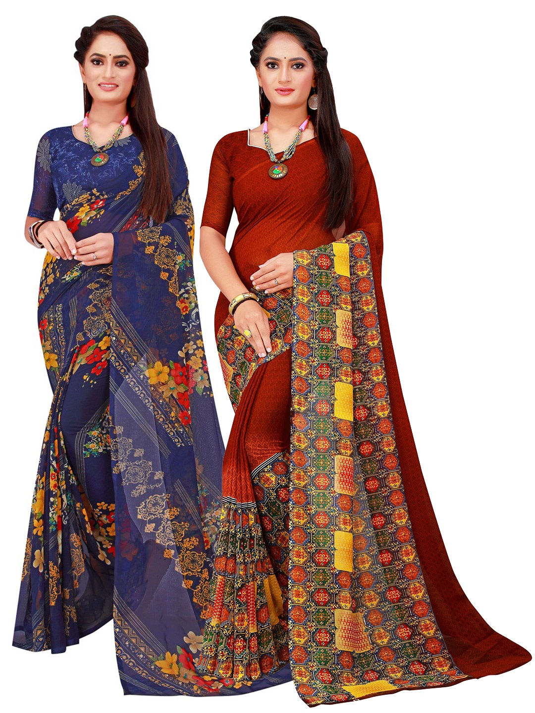 

SAADHVI Brown & Navy Blue Floral Pure Georgette Saree