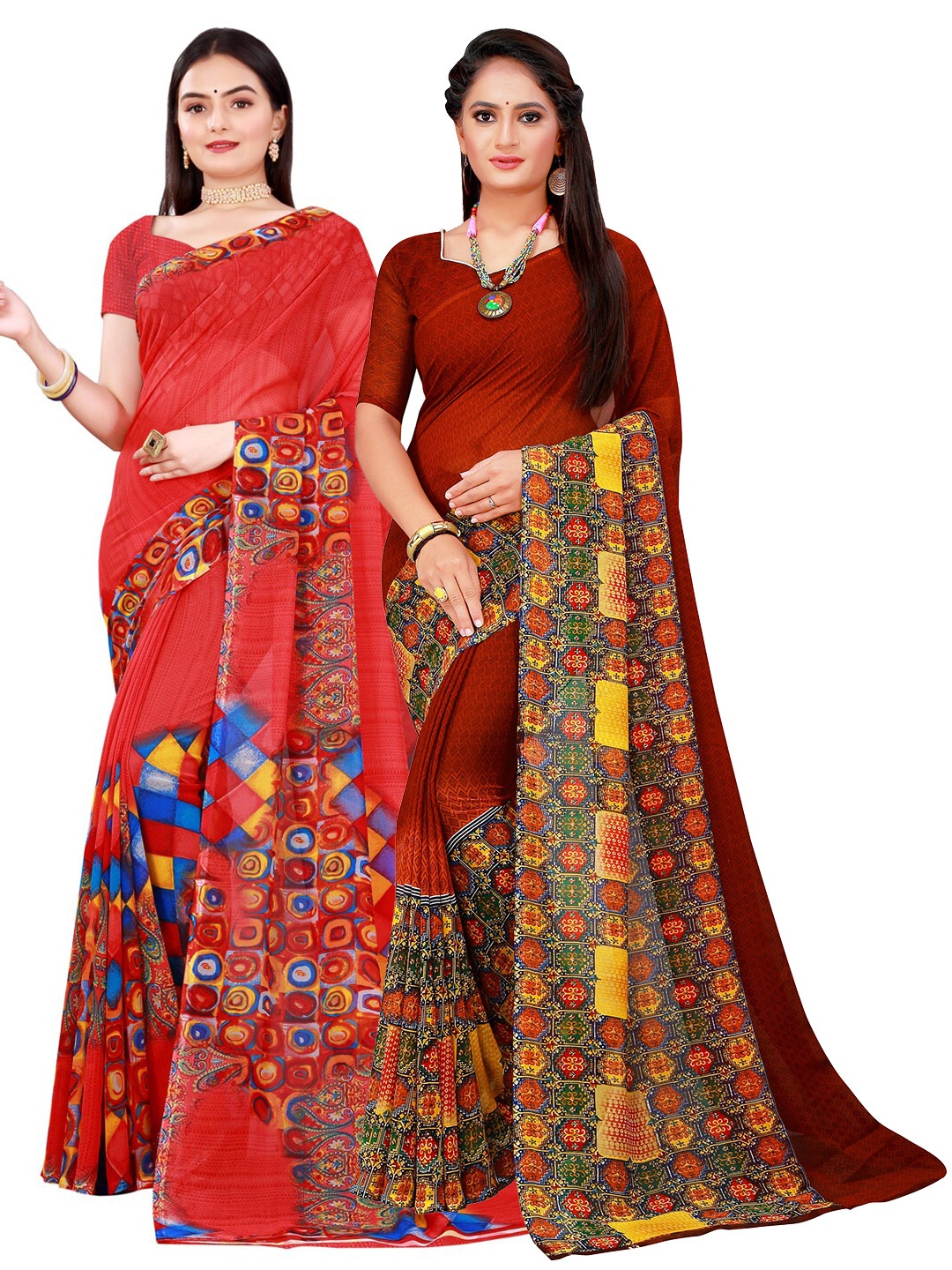 

SAADHVI Red & Brown Pure Georgette Saree