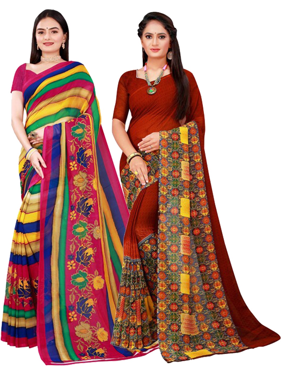 

SAADHVI Brown & Yellow Floral Pure Georgette Saree