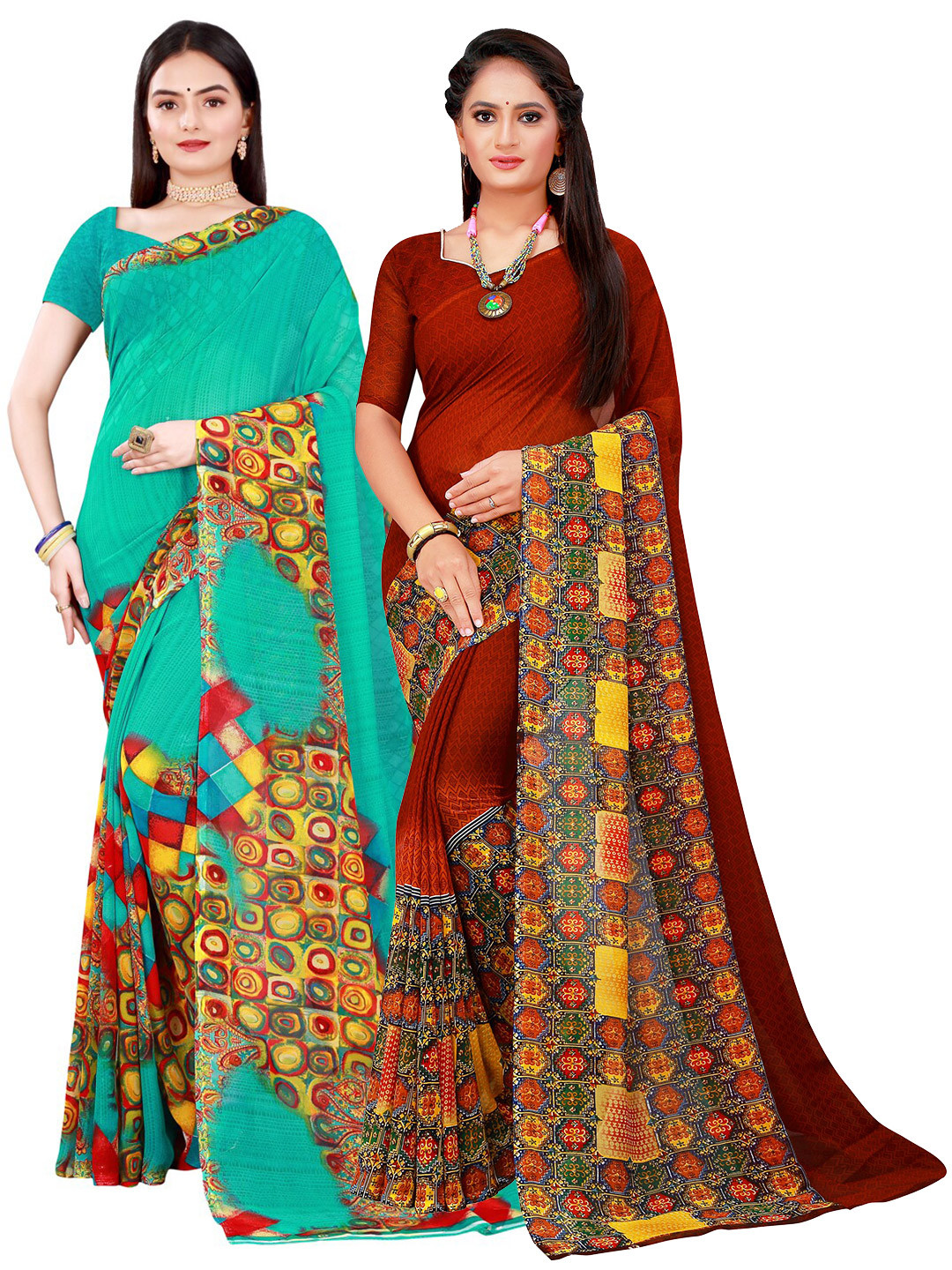 

SAADHVI Brown & Green Floral Pure Georgette Saree